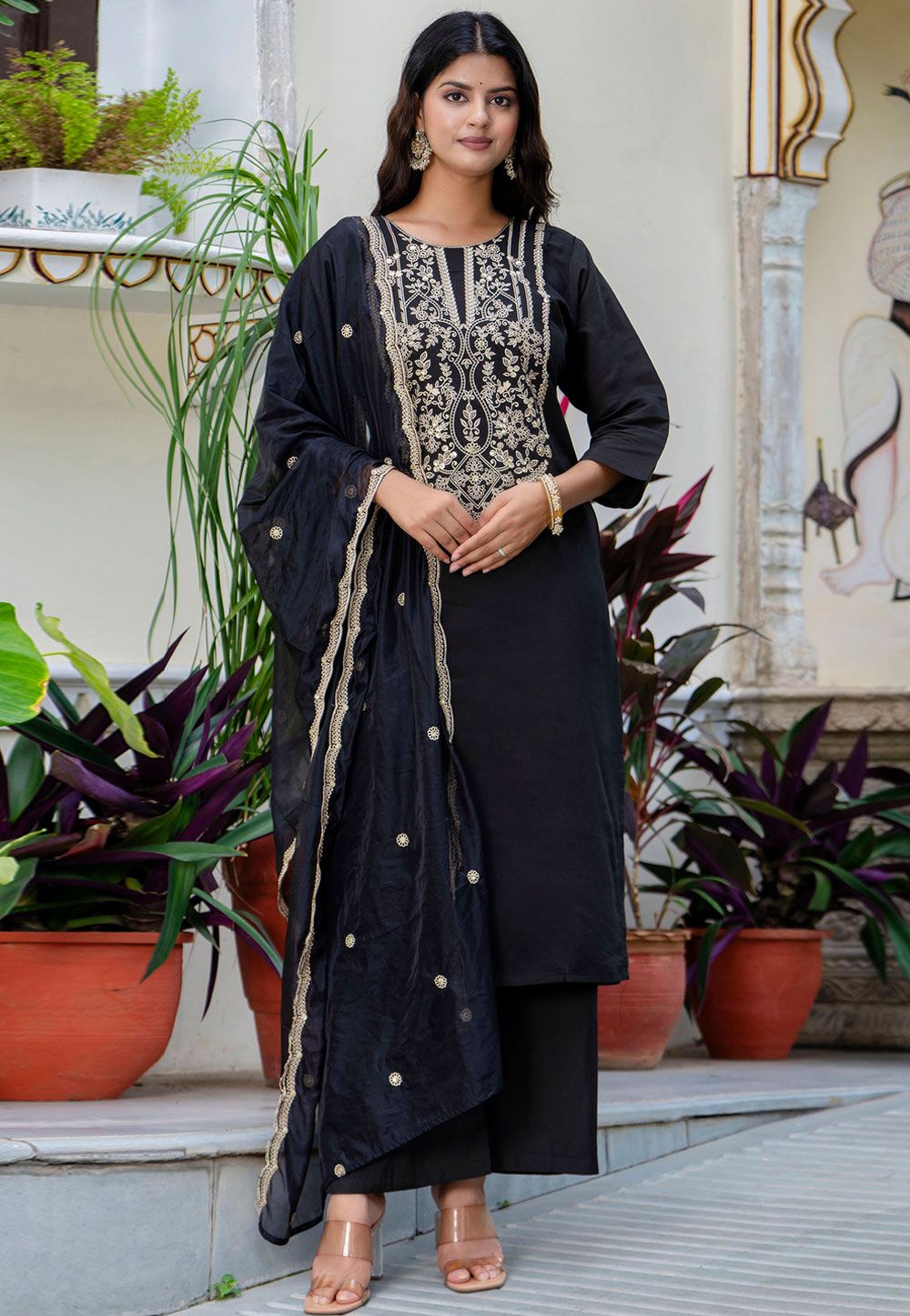Black Silk Readymade Palazzo Suit 309694