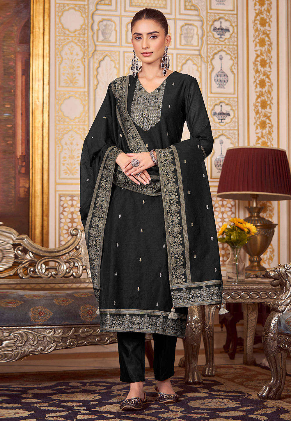 Black Silk Readymade Pant Style Suit 306283