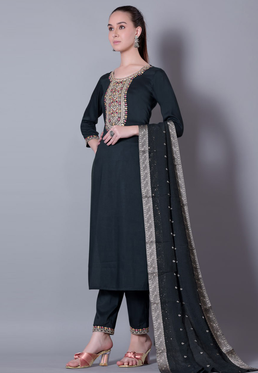 Black Silk Readymade Pant Style Suit 309932