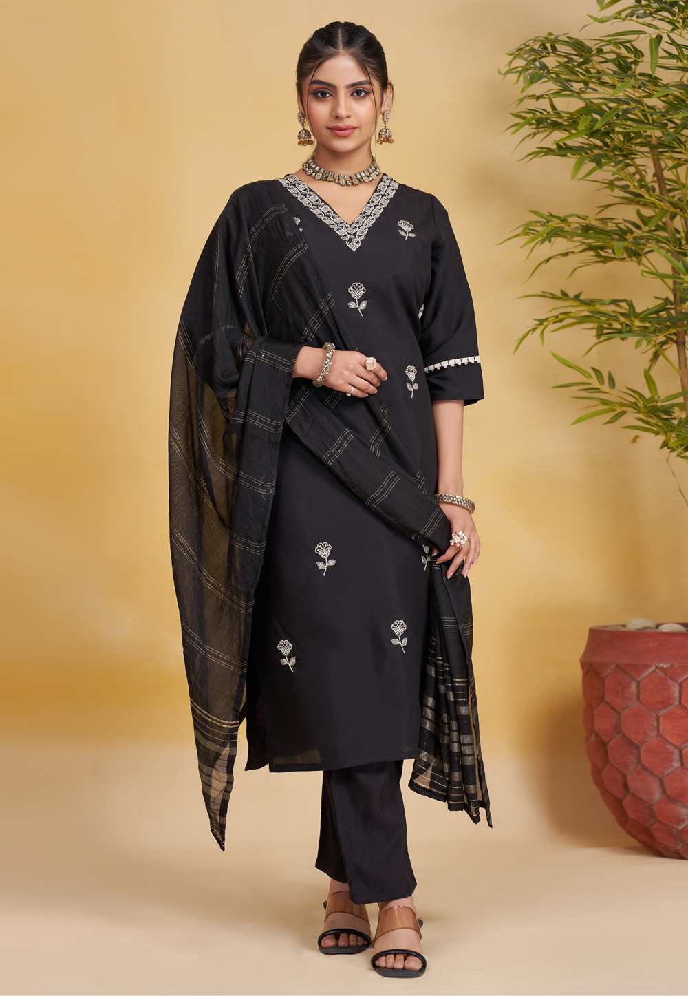 Black Silk Readymade Pant Style Suit 306266