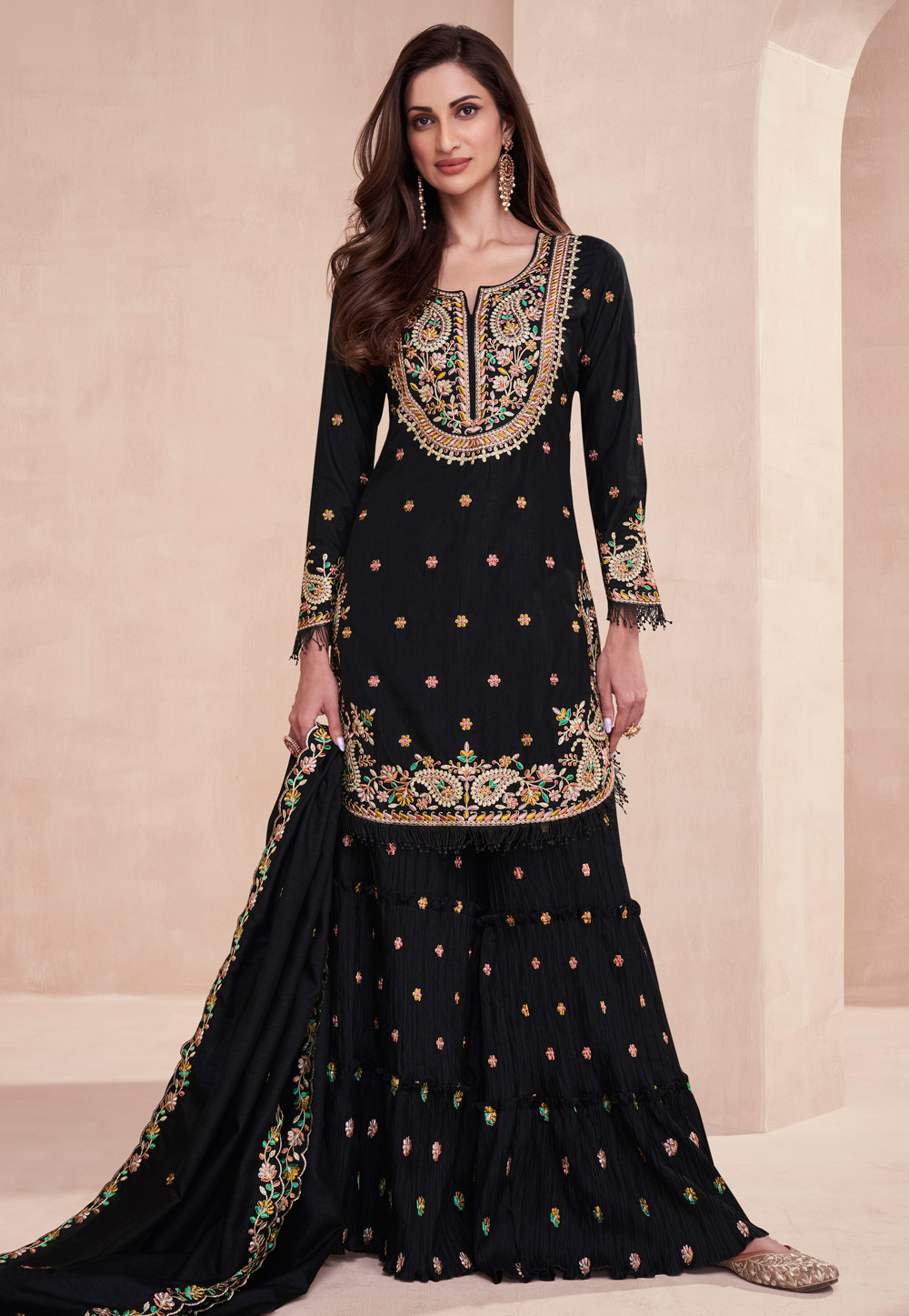 Black Silk Sharara Suit 279365