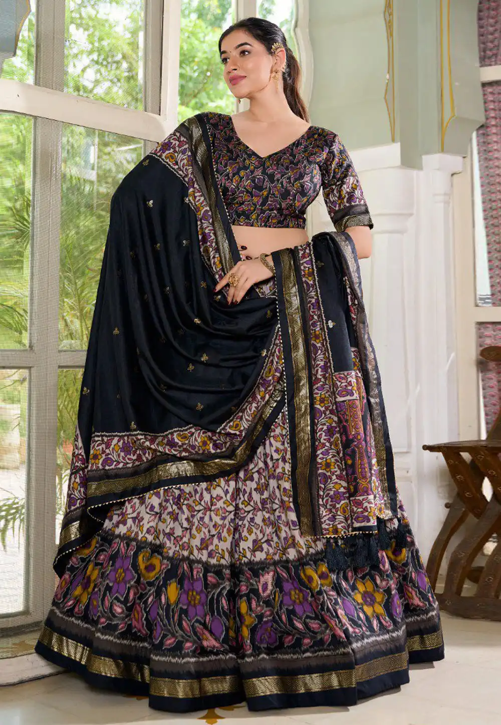 Black Tussar Silk Navratri Chaniya Choli 293288