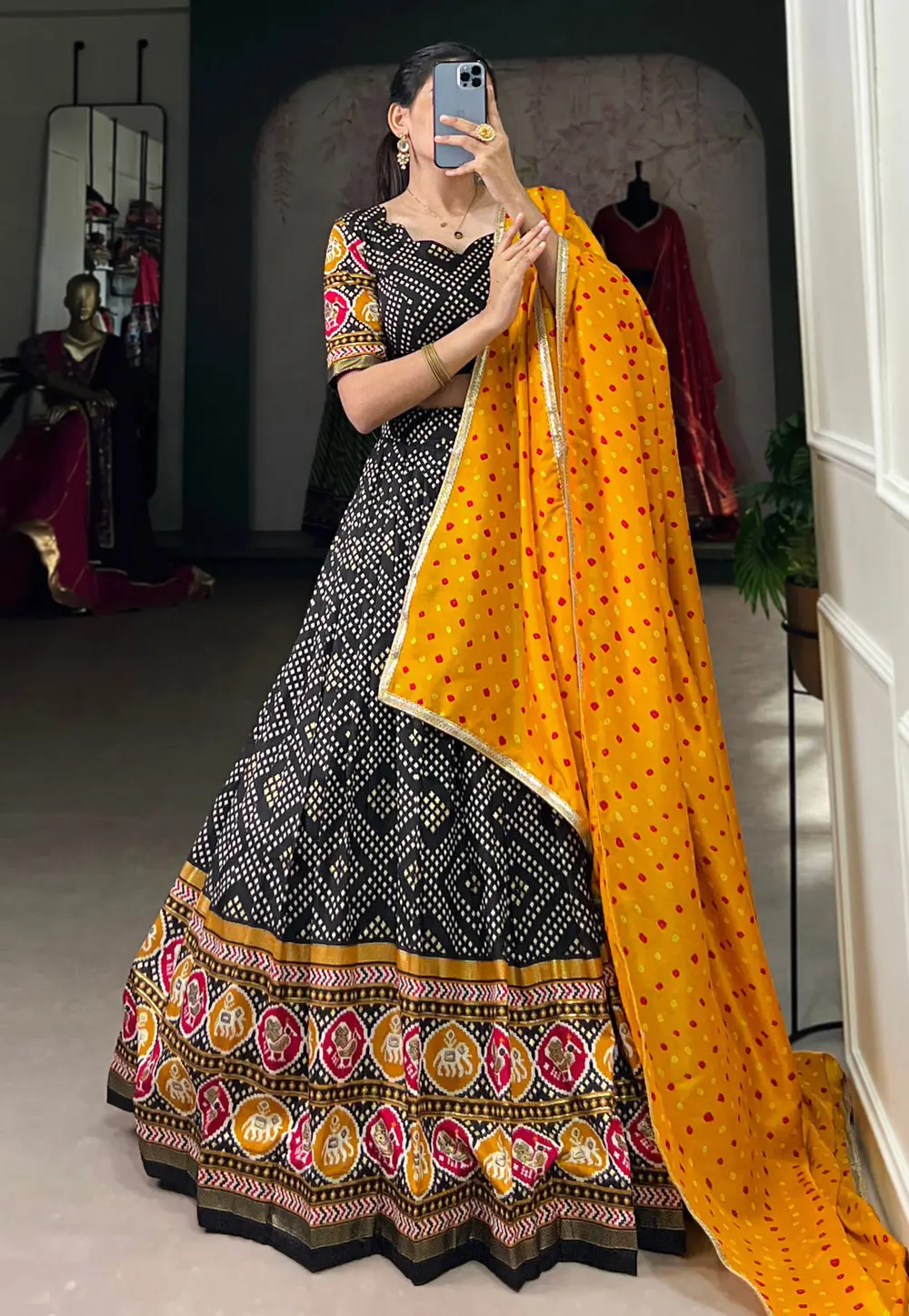 Black Tussar Silk Readymade Circular Lehenga Choli 299154