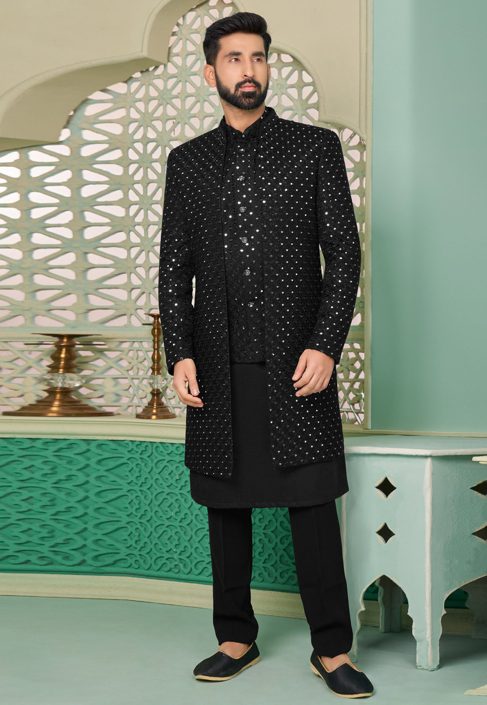 Black Velvet Jacket Style Sherwani 285334