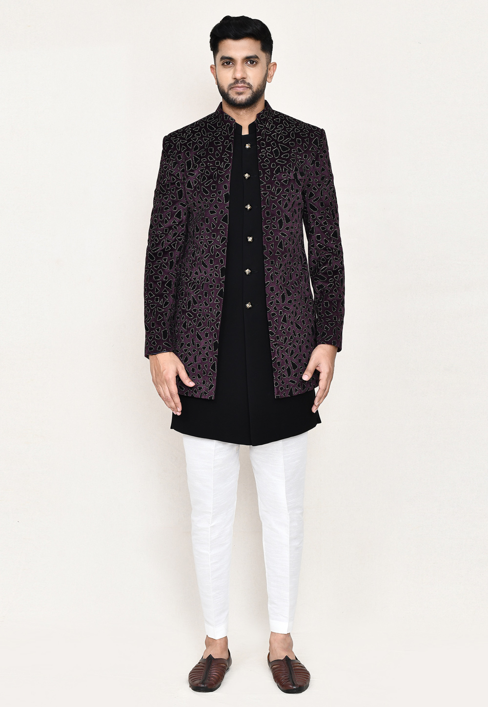 Black Velvet Jacket Style Sherwani 306098