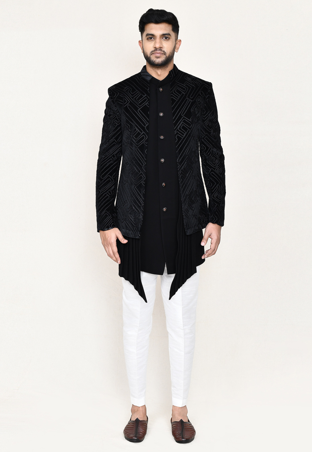 Black Velvet Jacket Style Sherwani 306099