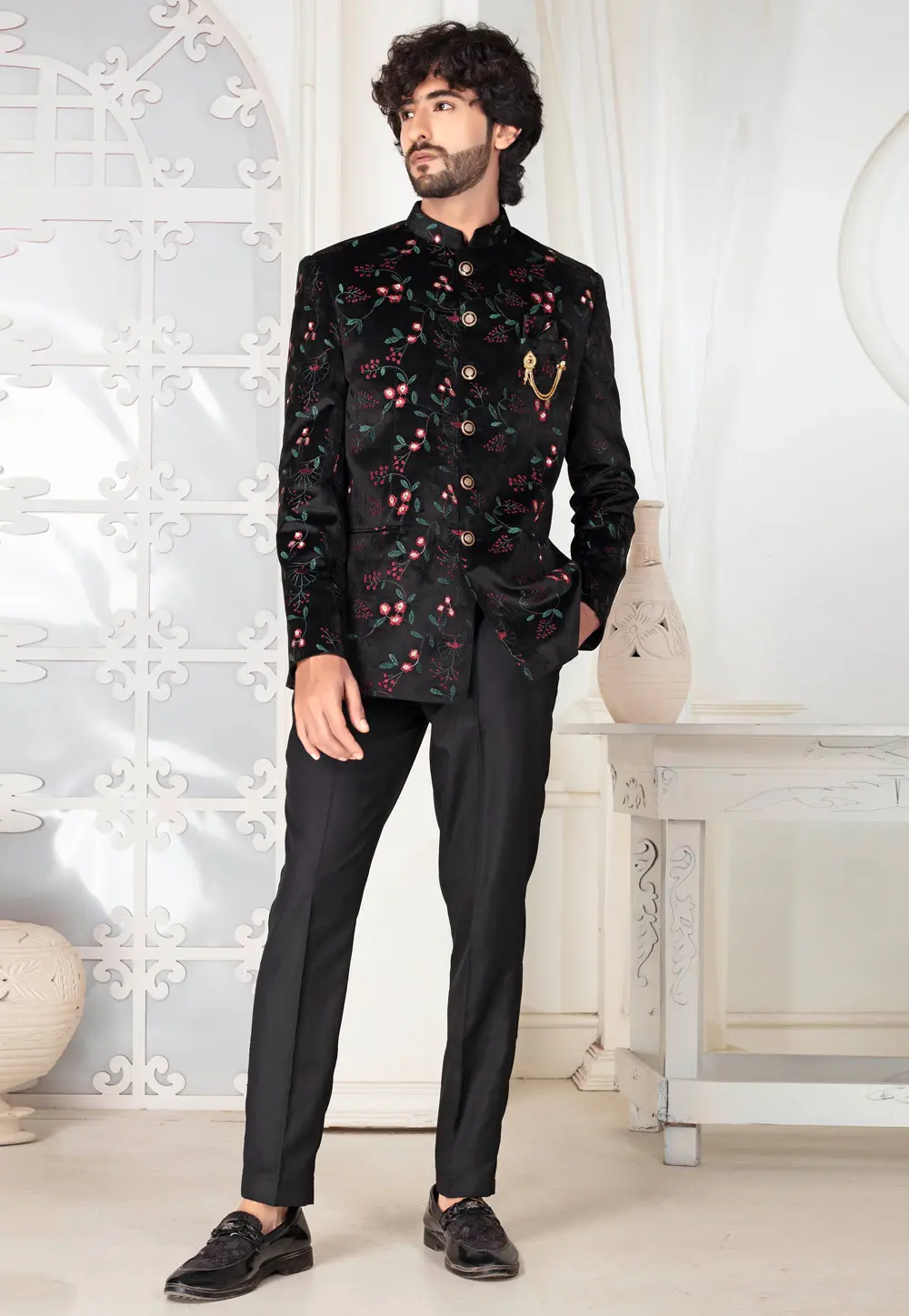 Black Velvet Jodhpuri Suit 302166