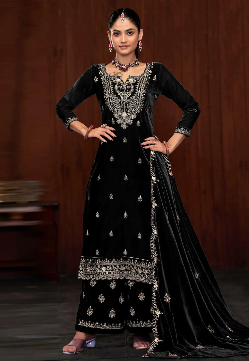 Black Velvet Palazzo Suit 300882