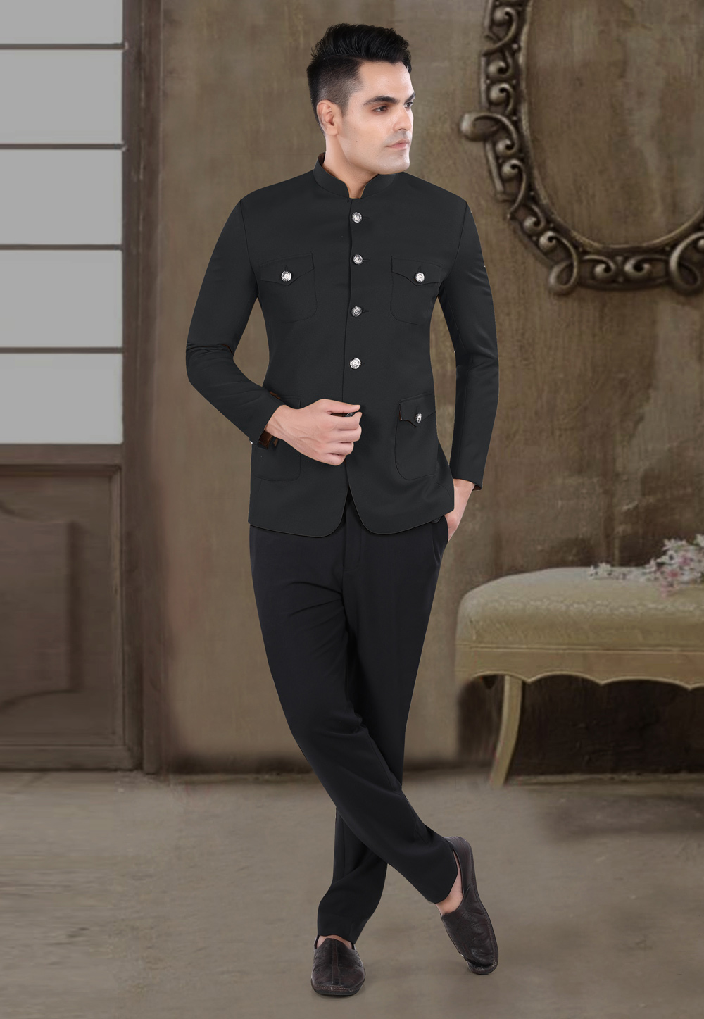 Black Viscose Jodhpuri Suit 306400