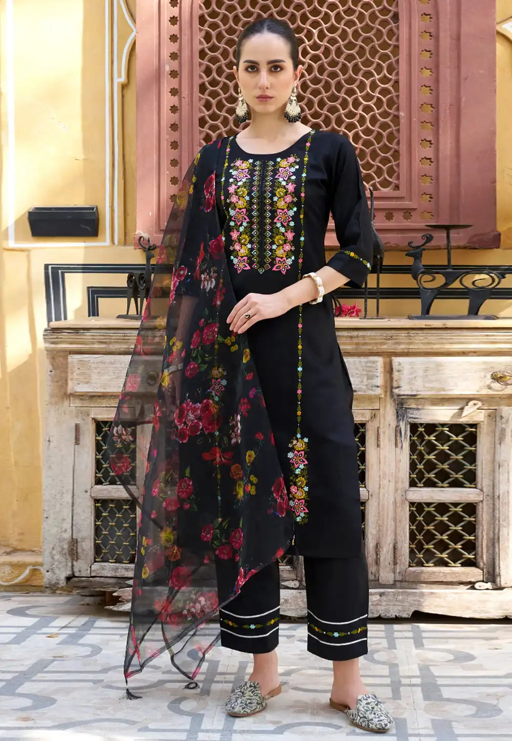 Black Viscose Rayon Readymade Pakistani Suit 288508