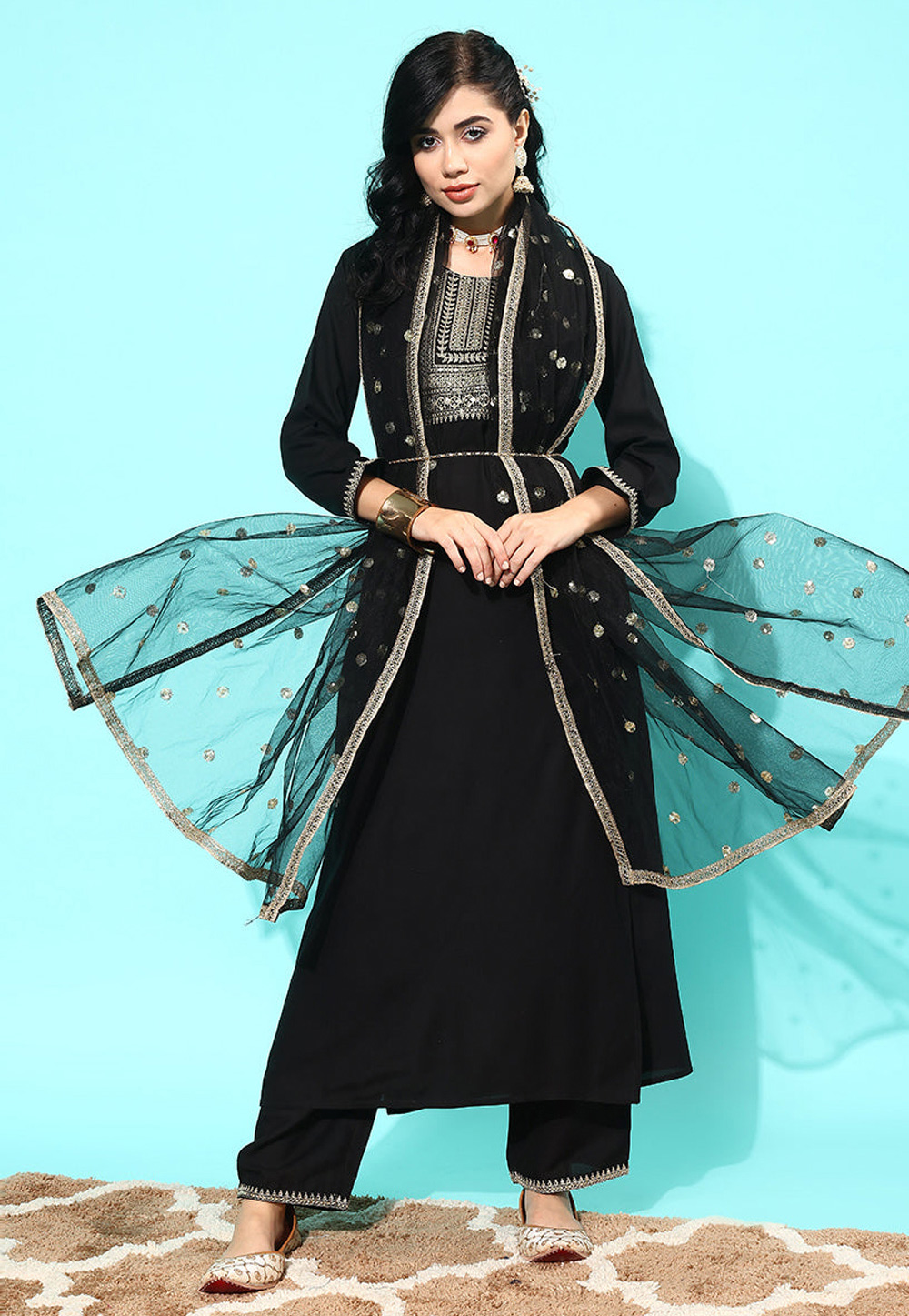 Black Viscose Rayon Readymade Pakistani Suit 282183