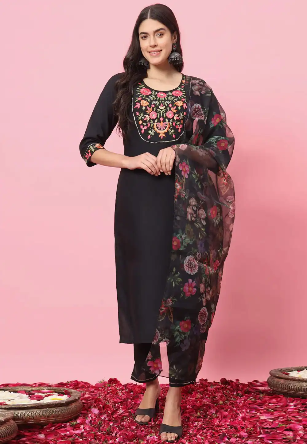 Black Viscose Rayon Readymade Pant Style Suit 289365