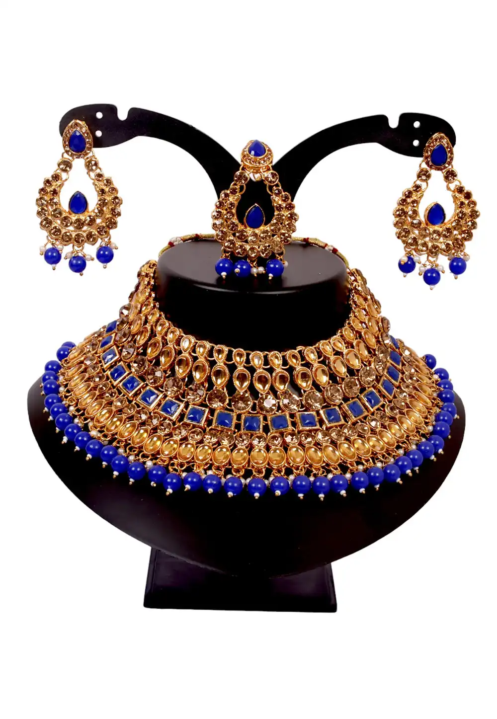 Blue Alloy Austrian Diamonds and Kundan Necklace Set With Earrings and Maang Tikka 292905