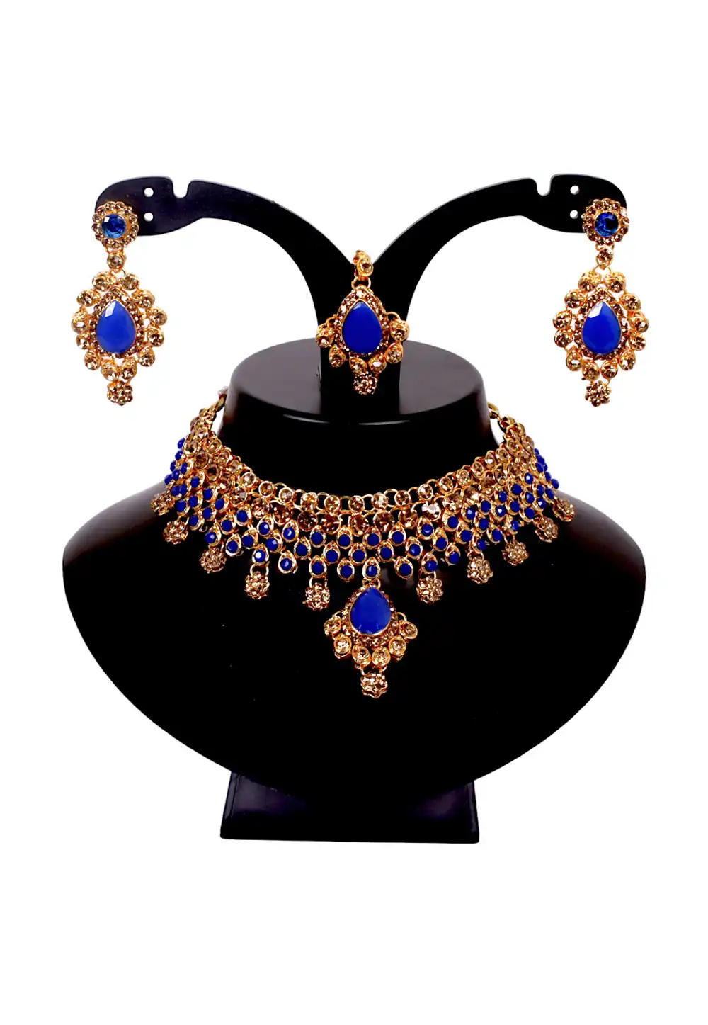 Blue Alloy Austrian Diamonds and Kundan Necklace Set With Earrings and Maang Tikka 292947