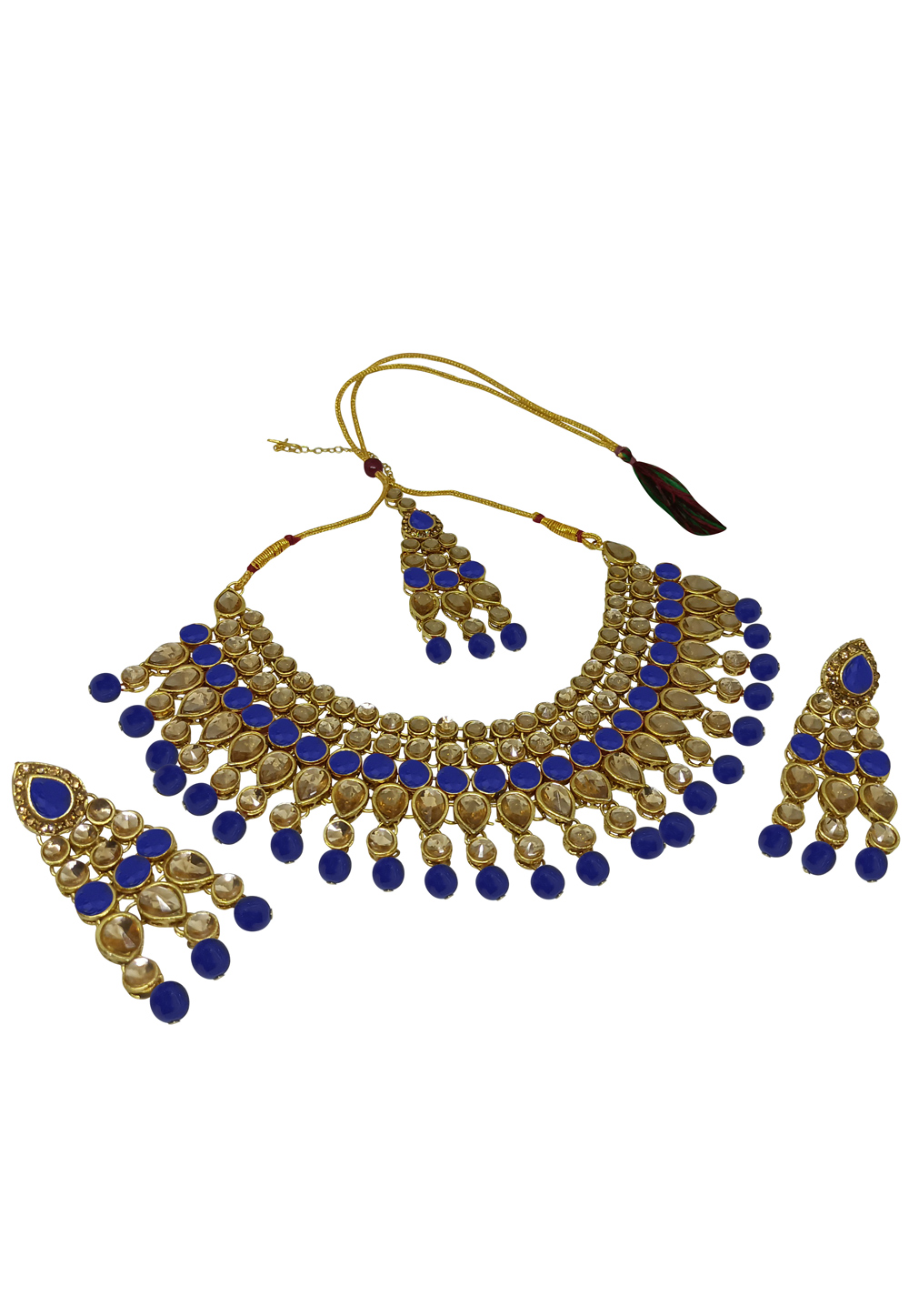 Blue Alloy Austrian Diamonds and Kundan Necklace Set With Earrings and Maang Tikka 280090