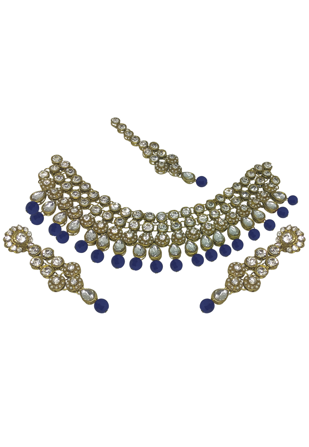 Blue Alloy Austrian Diamonds and Kundan Necklace Set With Earrings and Maang Tikka 280123