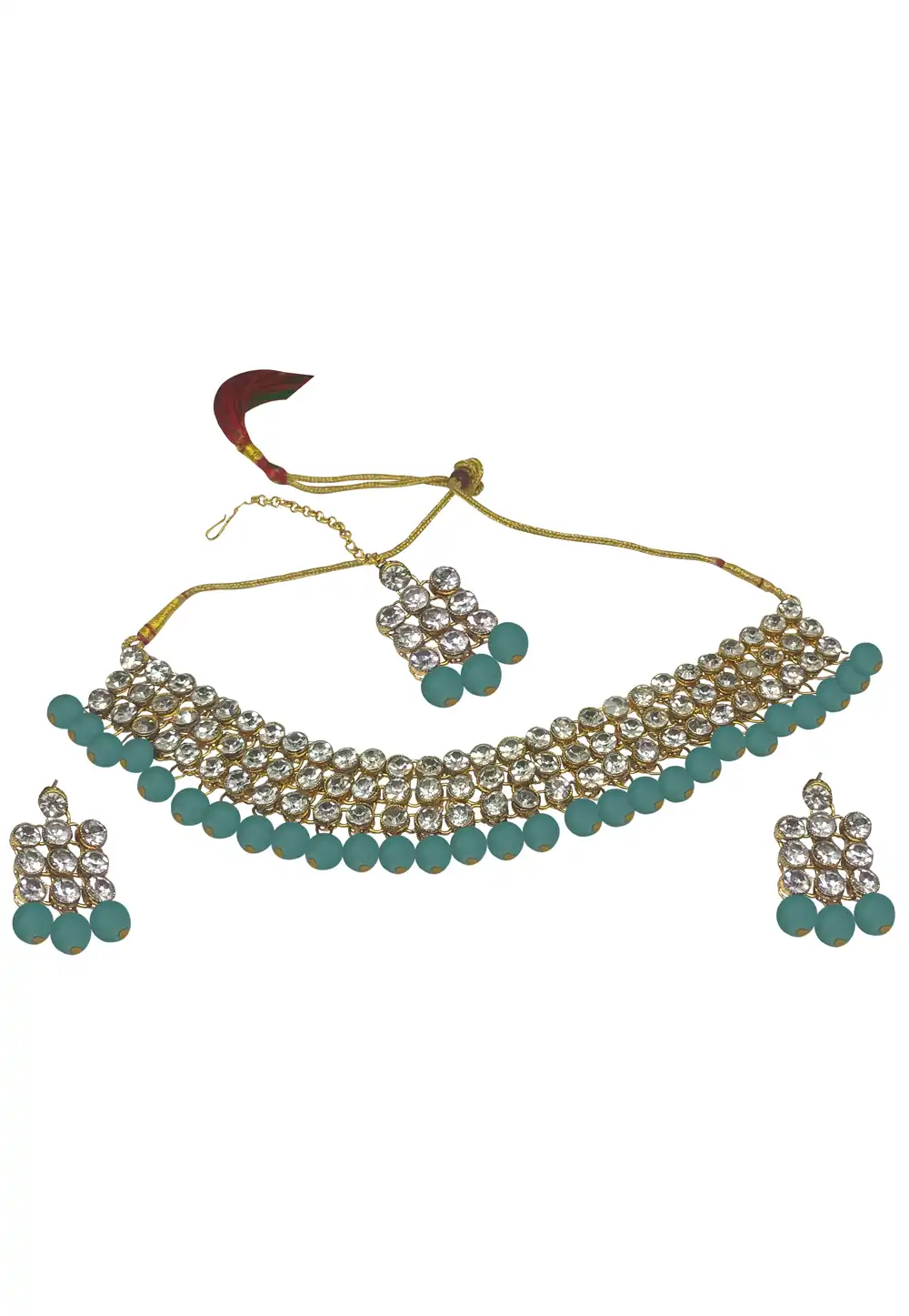 Blue Alloy Austrian Diamonds and Kundan Necklace Set With Earrings and Maang Tikka 289942