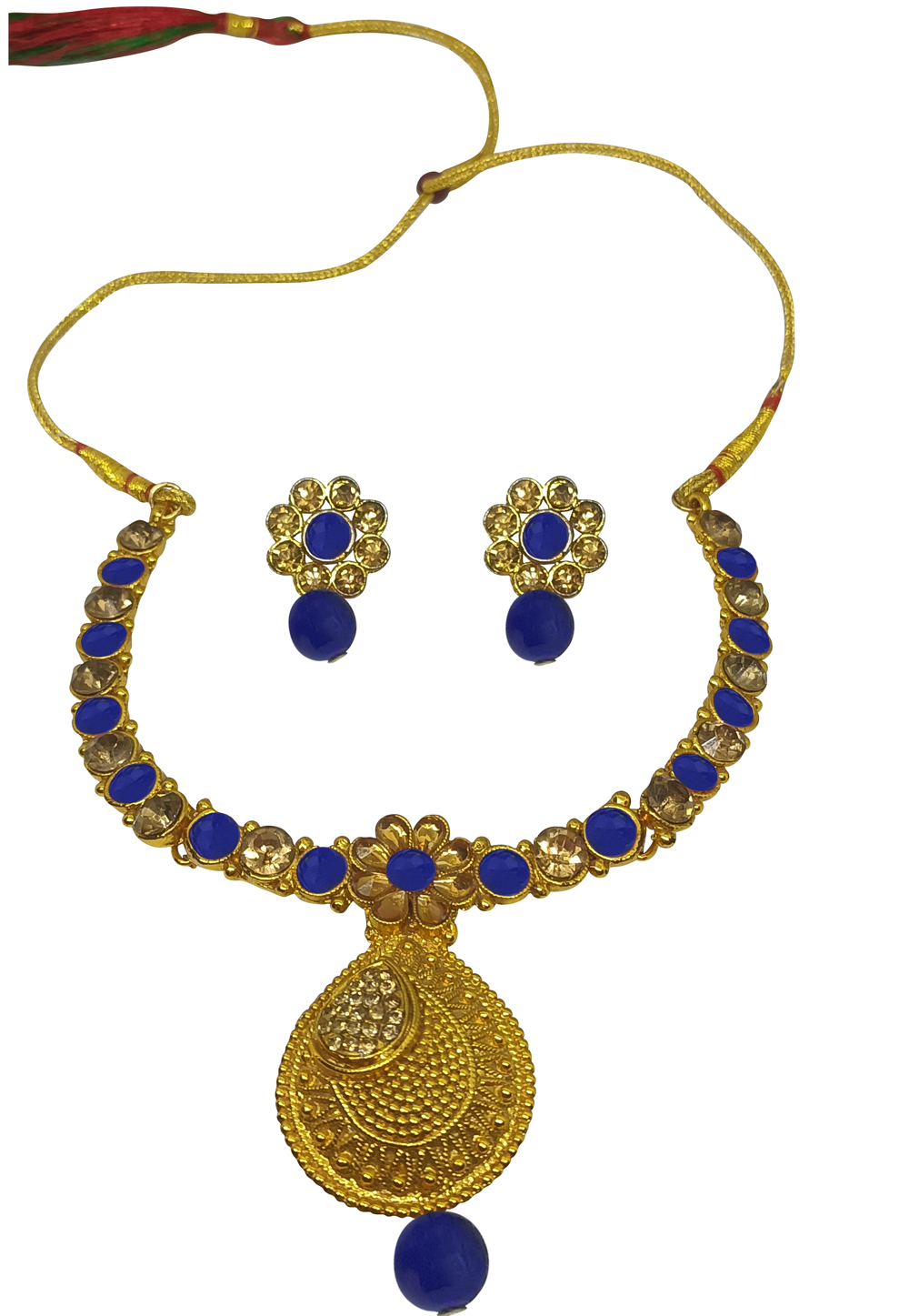 Blue Alloy Austrian Diamonds and Kundan Necklace With Earrings 280100