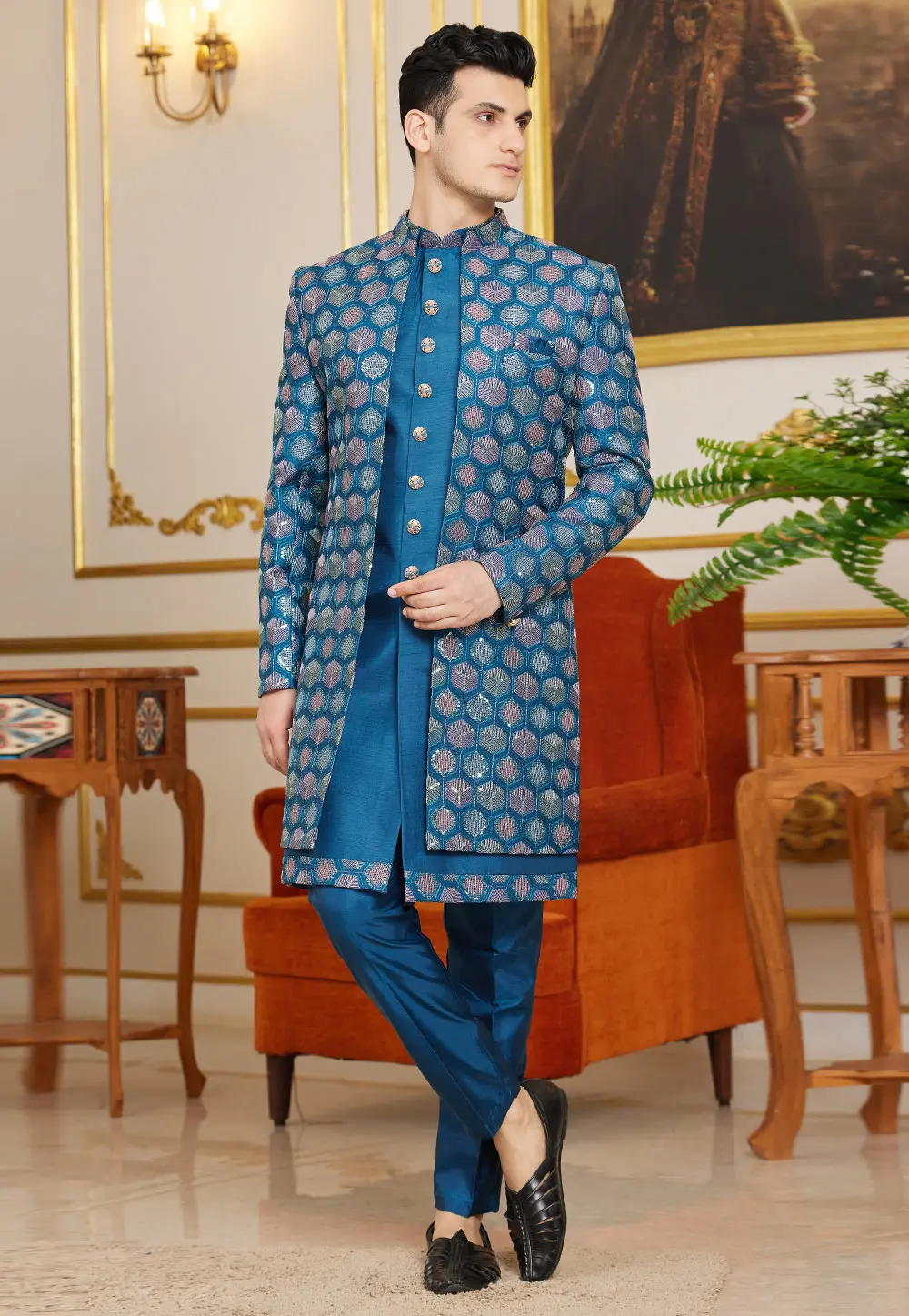 Blue Art Silk Jacket Style Sherwani 302205