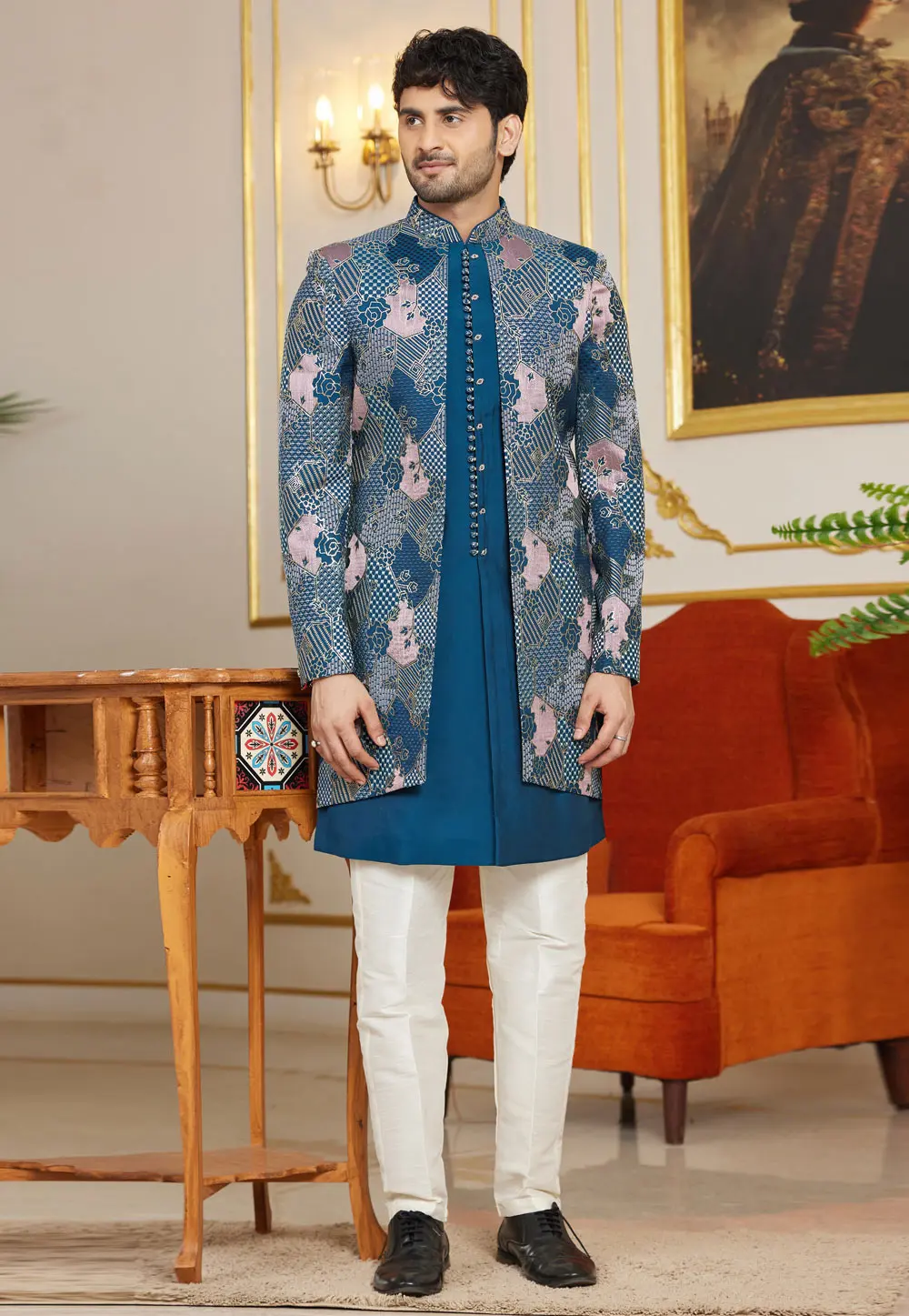 Blue Art Silk Jacket Style Sherwani 302206