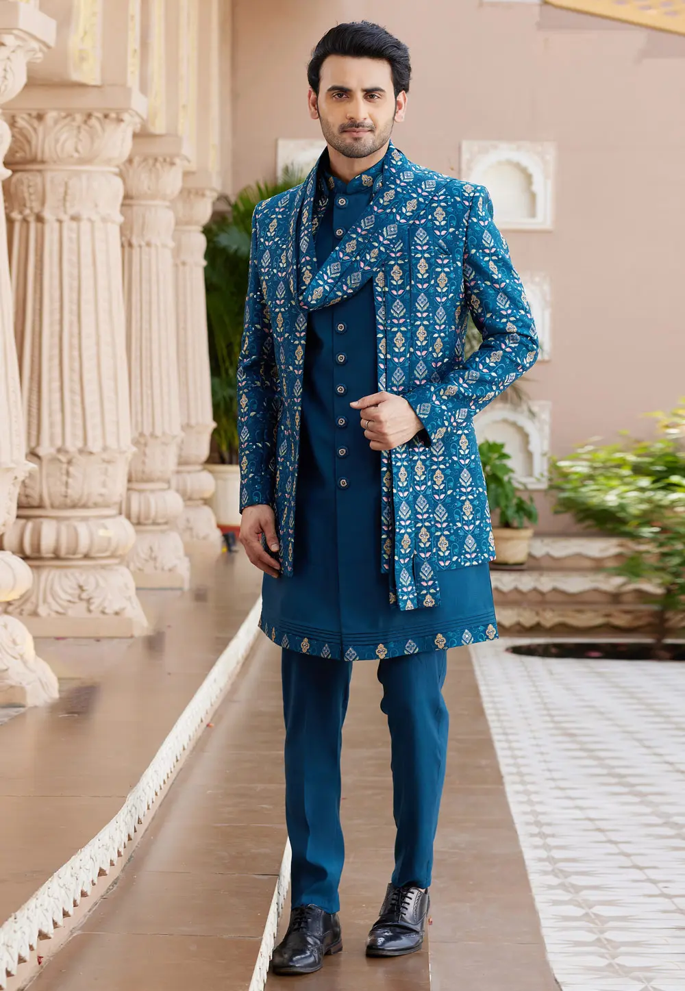 Blue Art Silk Jacket Style Sherwani 304335