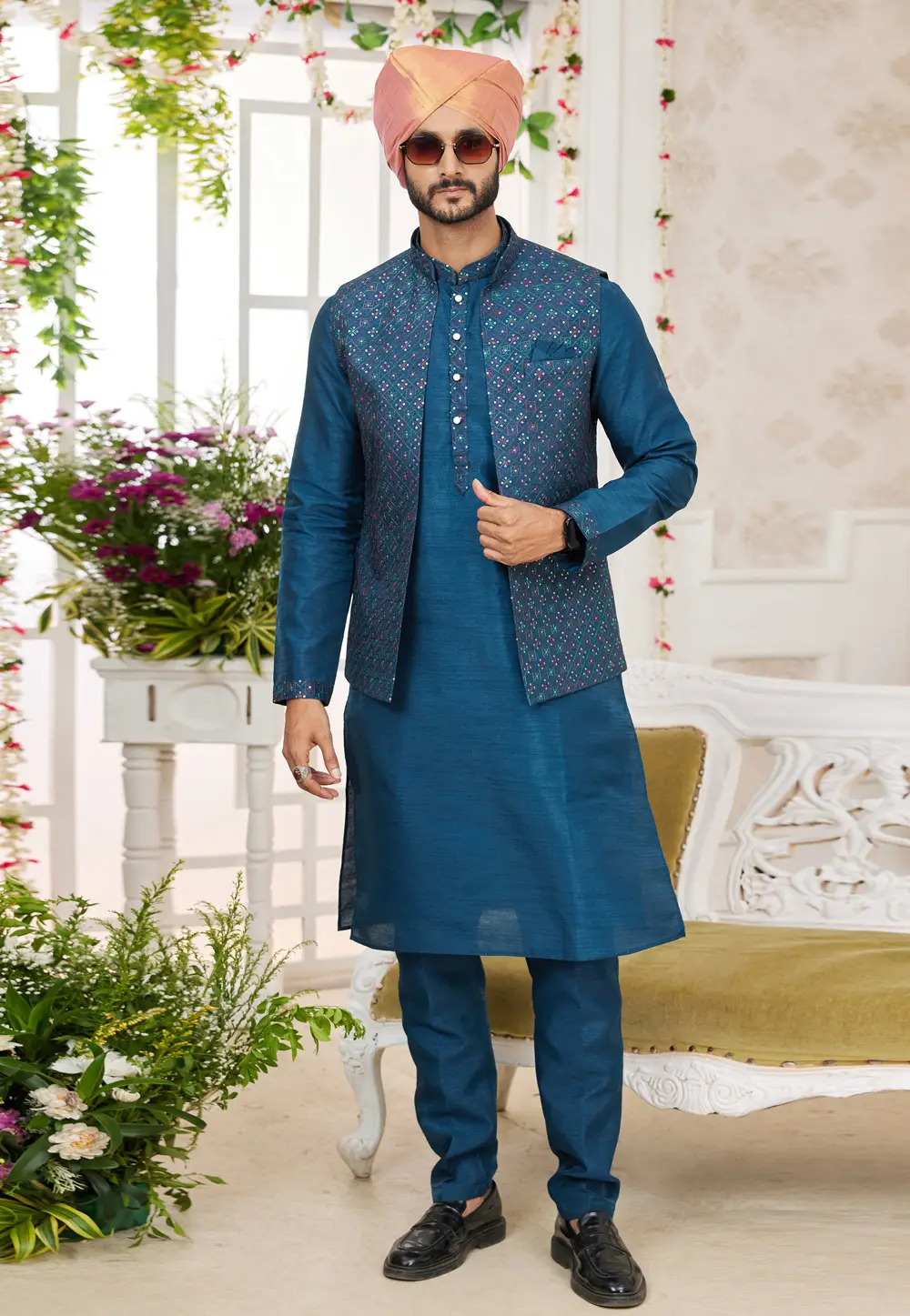 Blue Art Silk Kurta Pajama With Jacket 295256