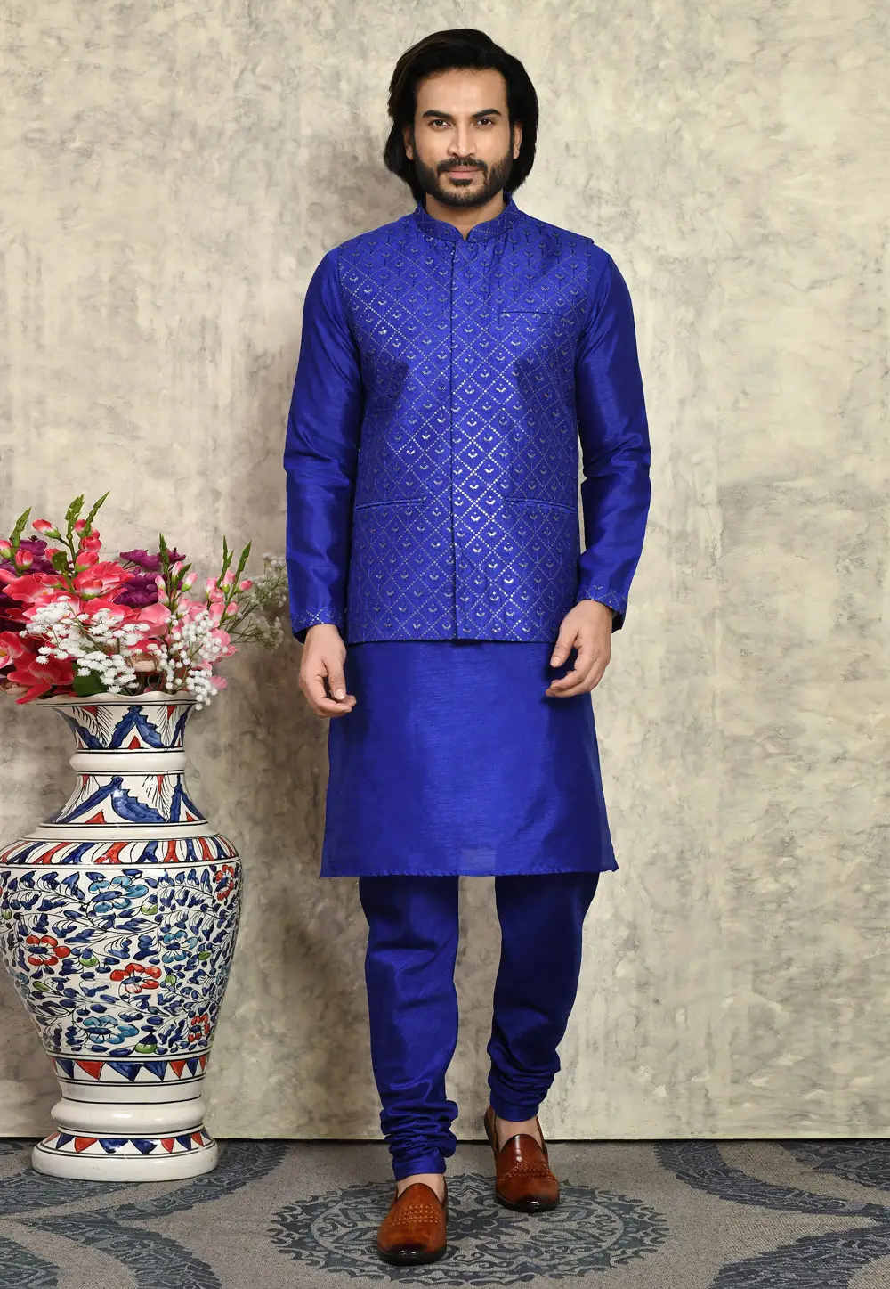 Blue Art Silk Kurta Pajama With Jacket 295438