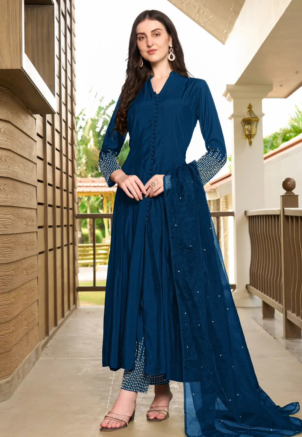 Blue Art Silk Readymade Anarkali Suit 300598