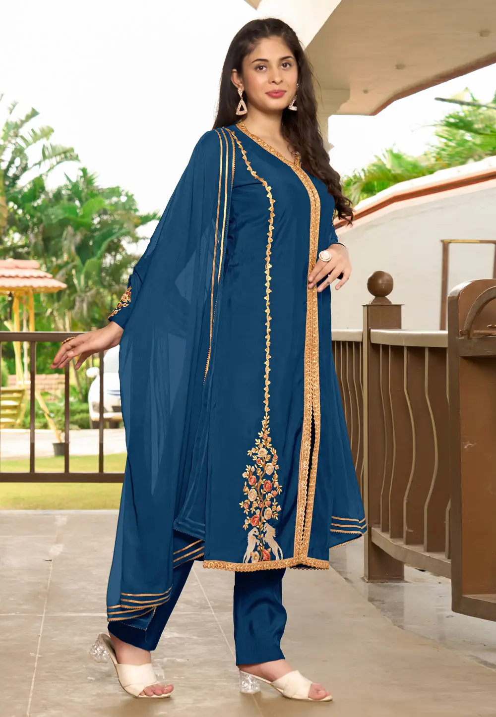 Blue Art Silk Readymade Pakistani Suit 296778