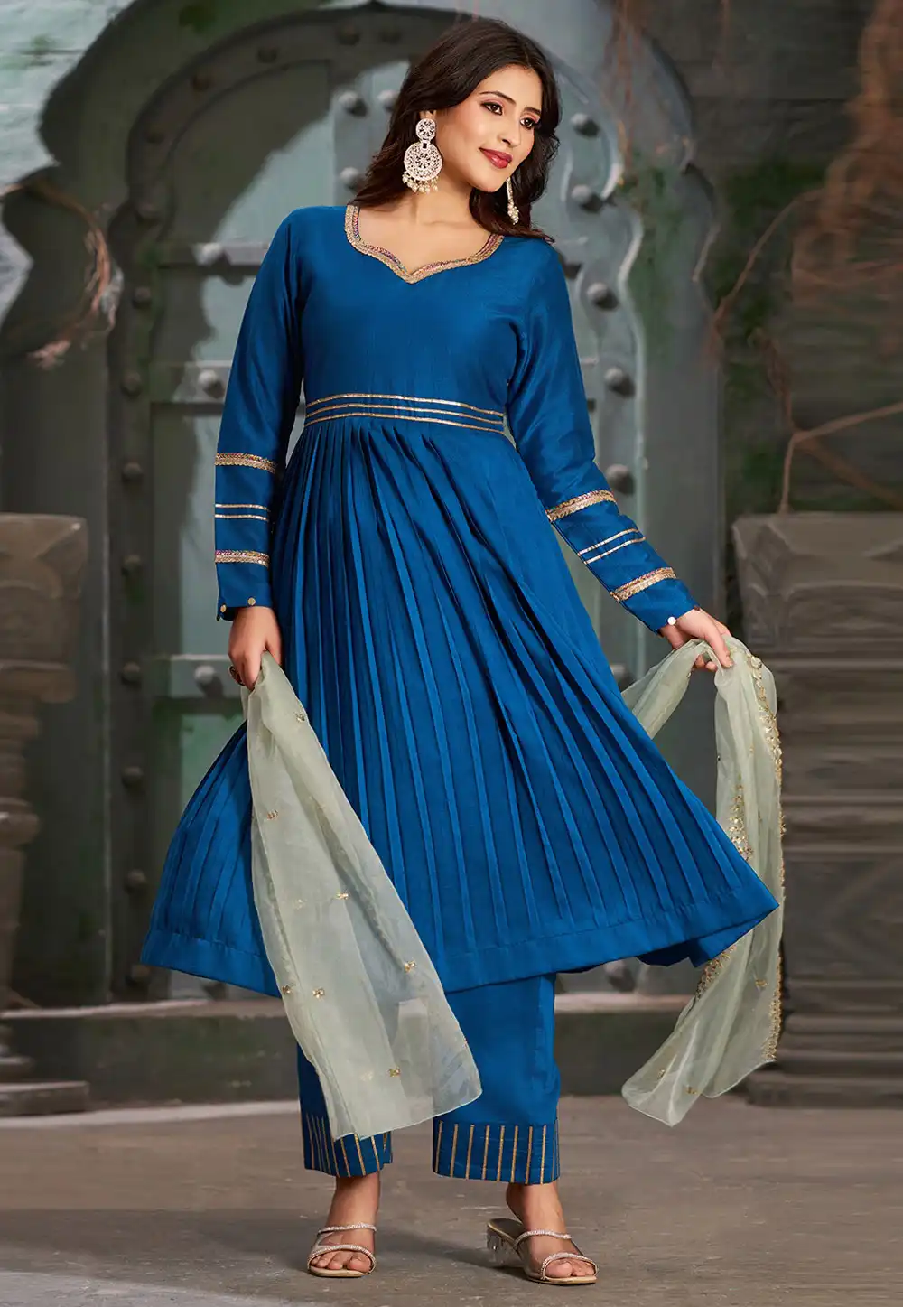 Blue Art Silk Readymade Palazzo Suit 294186