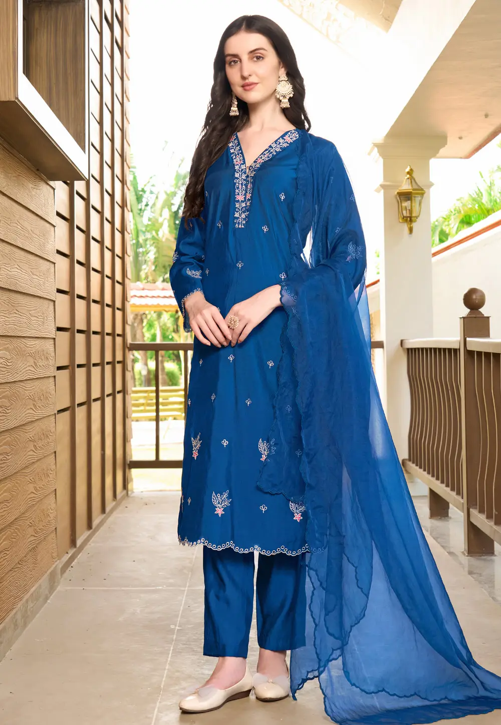 Blue Art Silk Readymade Pant Style Suit 303328