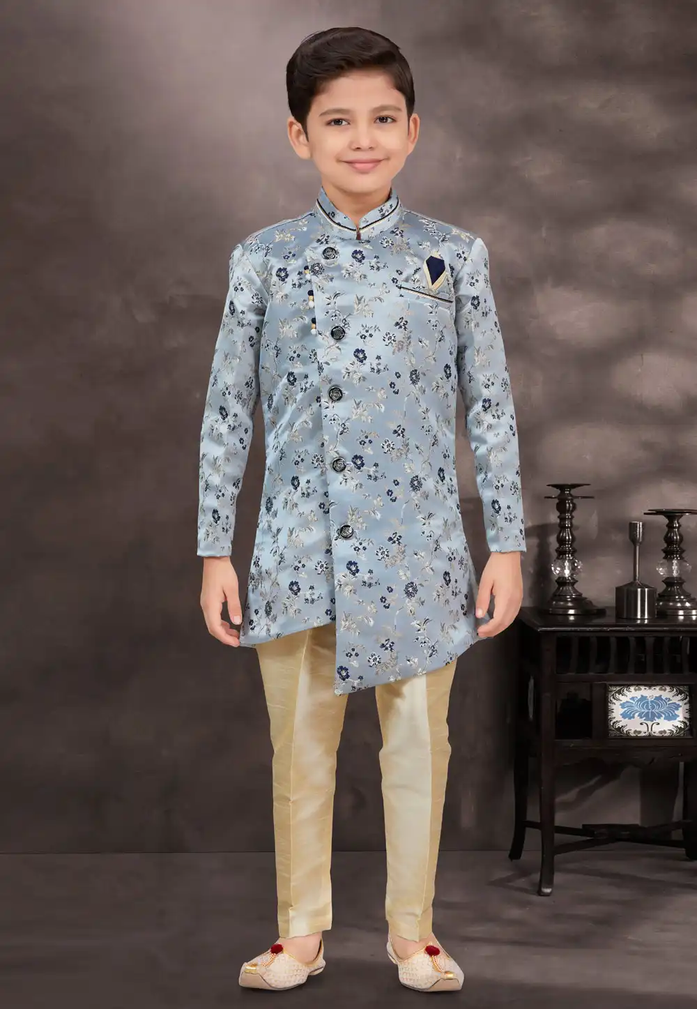 Blue Banarasi Jacquard Kids Indo Western Suit 292979