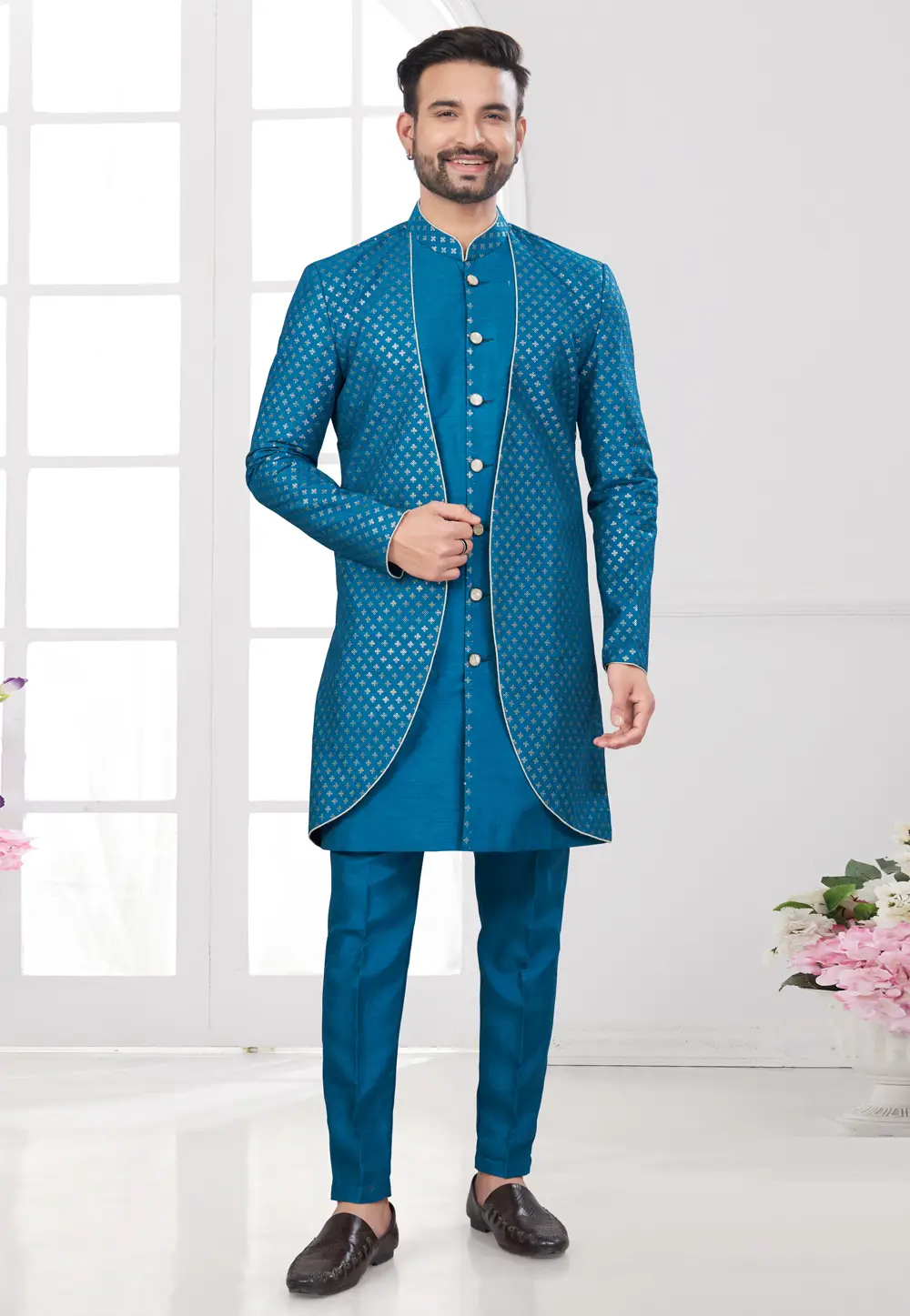 Blue Banarasi Silk Indo Western Suit 295612