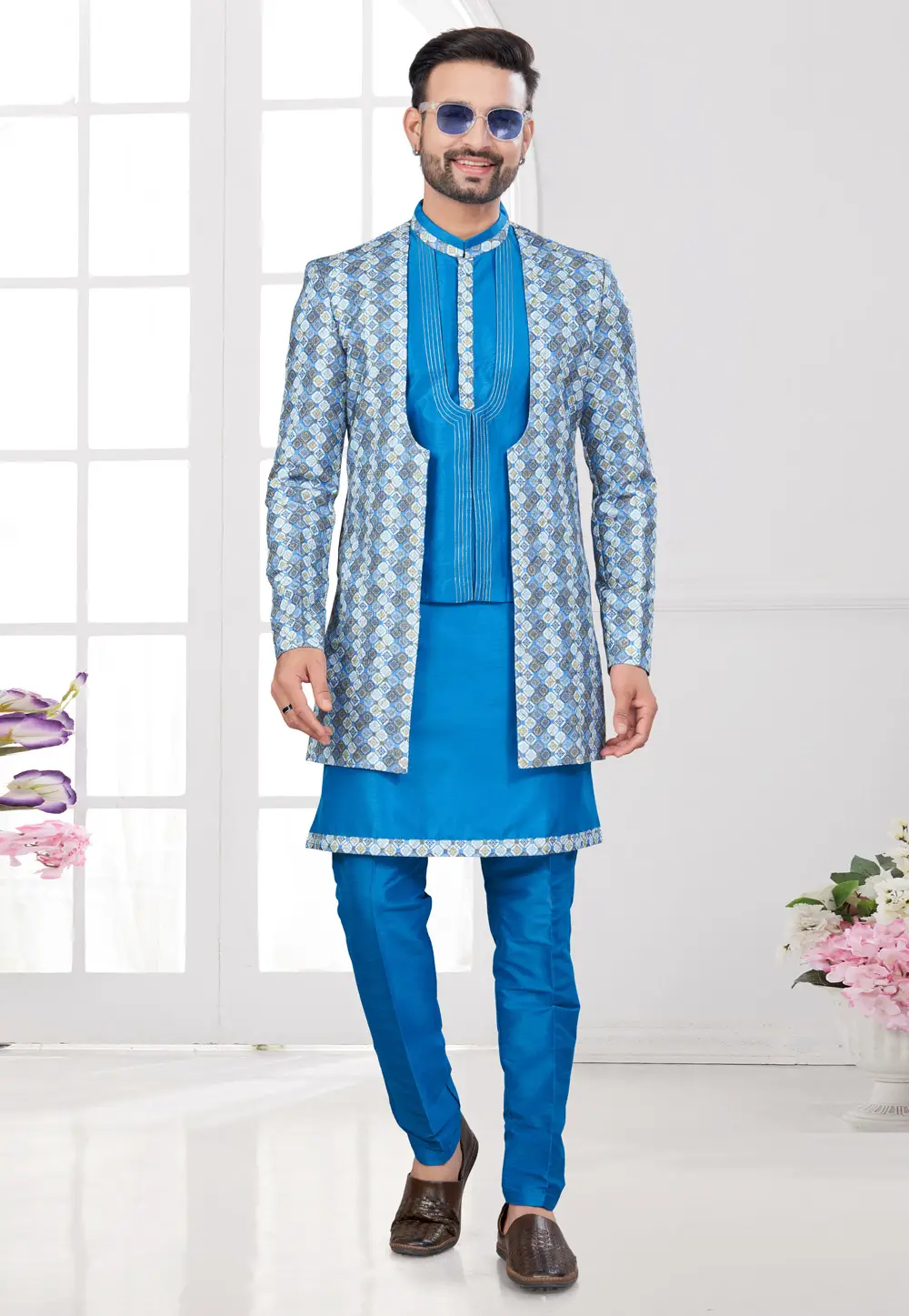 Blue Banarasi Silk Indo Western Suit 295622