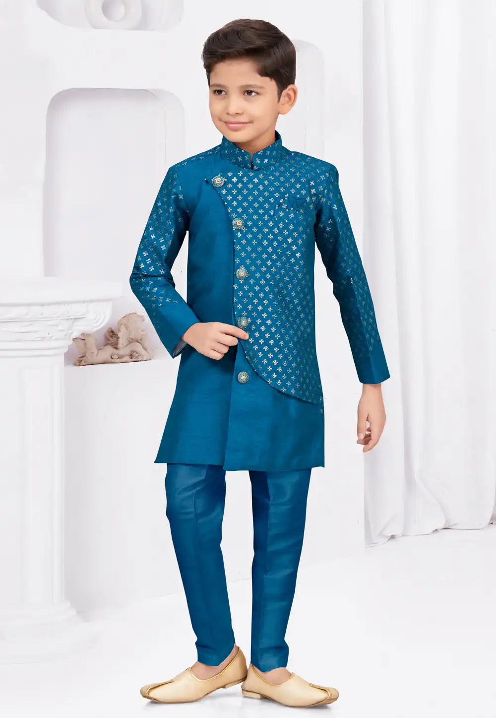 Blue Banarasi Silk Kids Indo Western Sherwani 294962