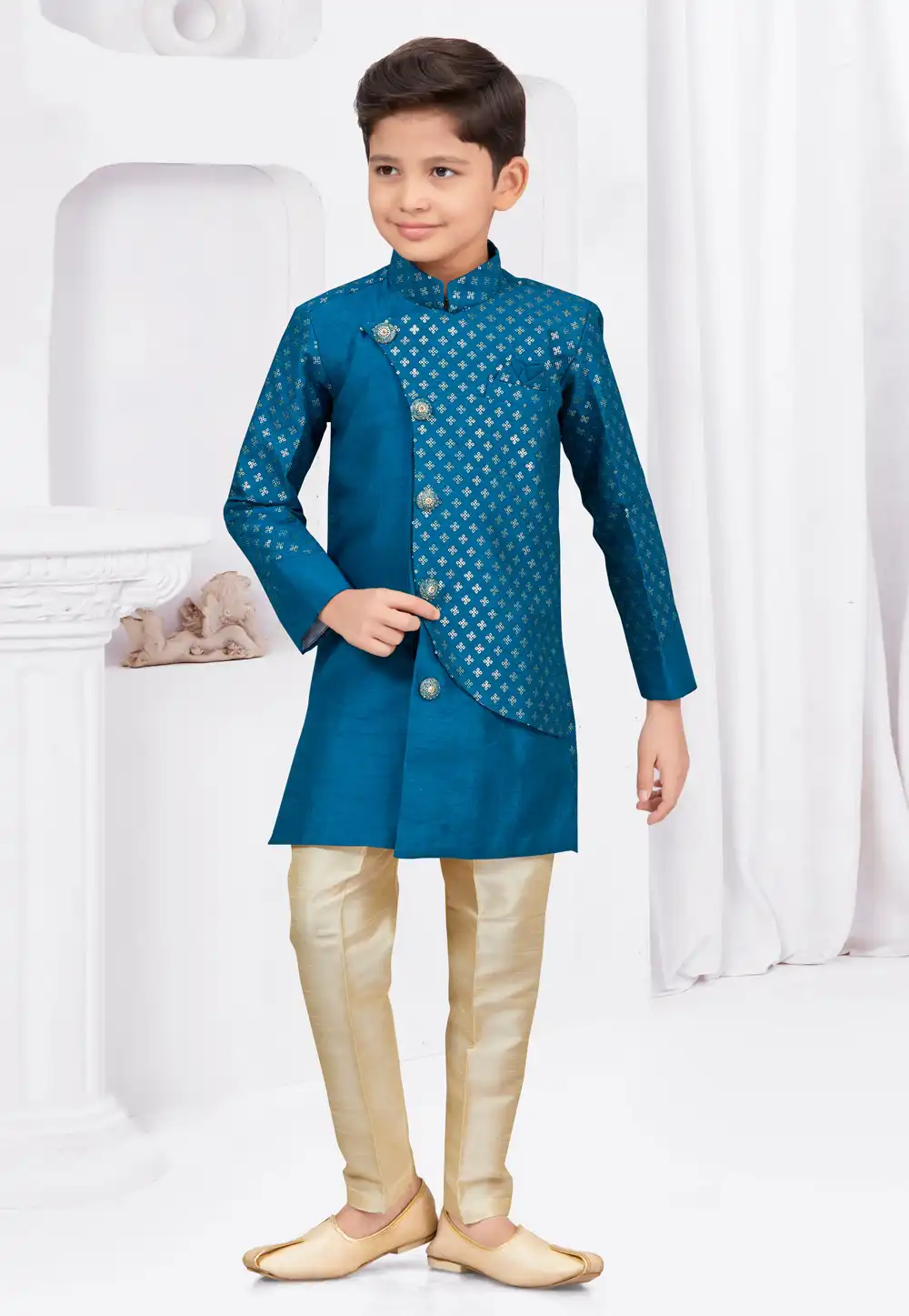 Blue Banarasi Silk Kids Indo Western Suit 292983