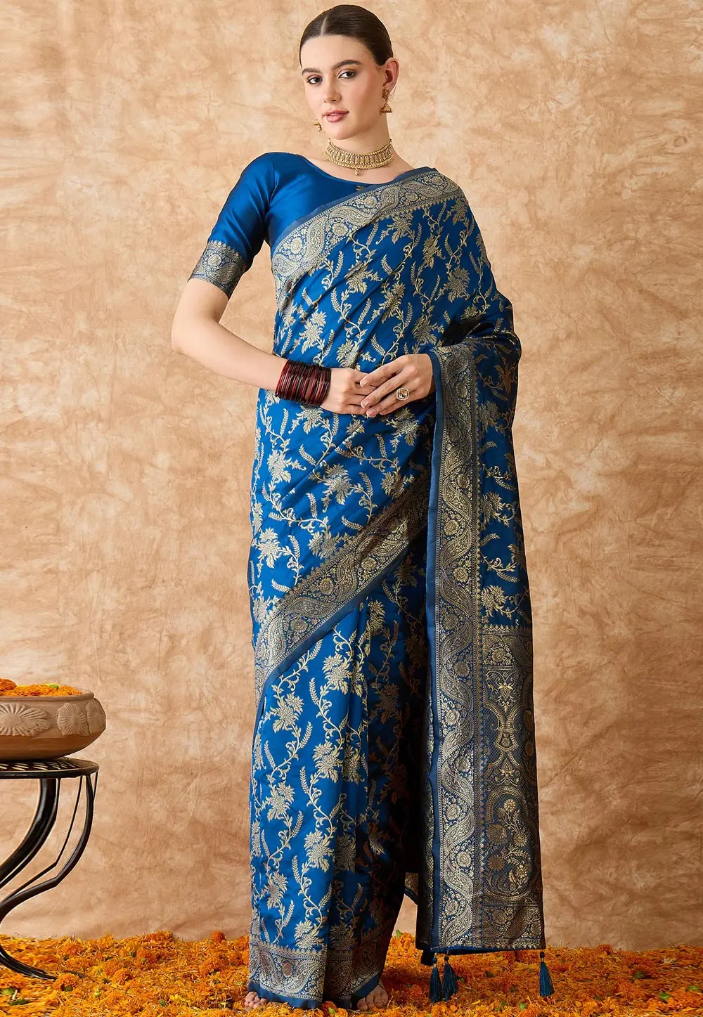 Blue Banarasi Silk Saree With Blouse 301509