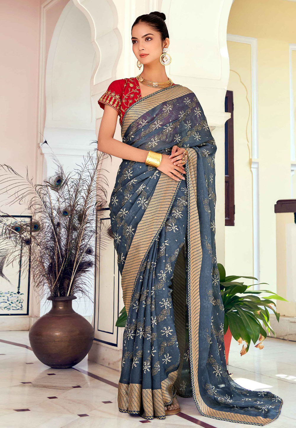 Blue Brasso Saree With Blouse 279151
