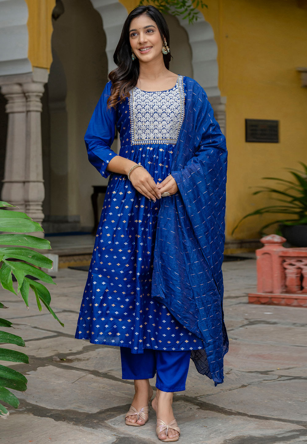Blue Chanderi Readymade Anarkali Suit 310203