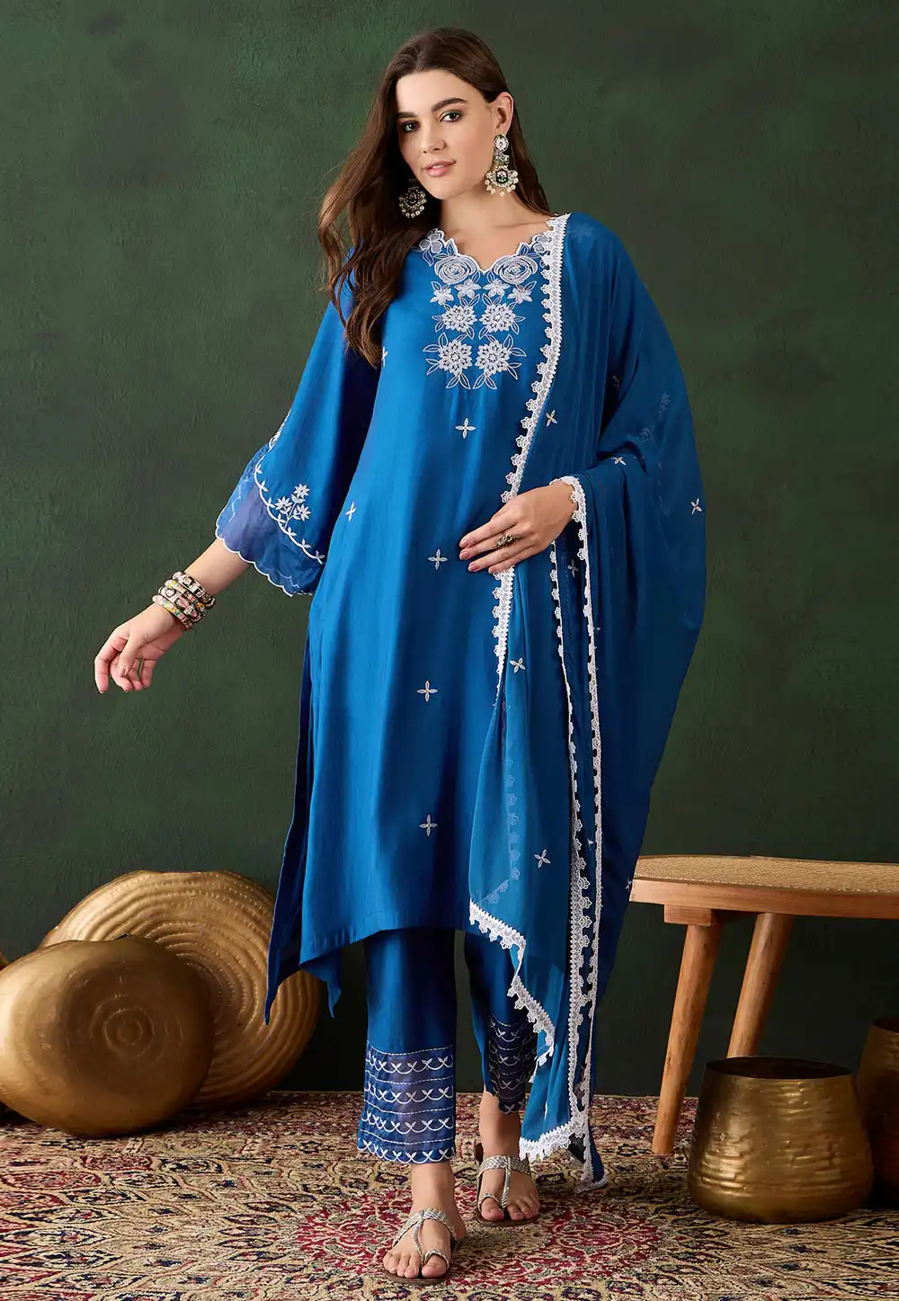 Blue Chanderi Readymade Pakistani Suit 293327