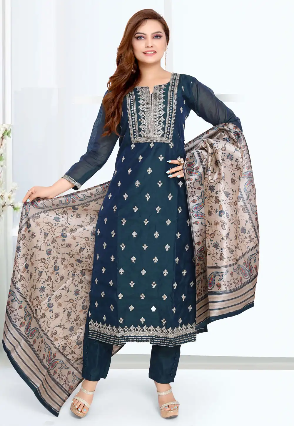 Blue Chanderi Silk Readymade Pakistani Suit 291406