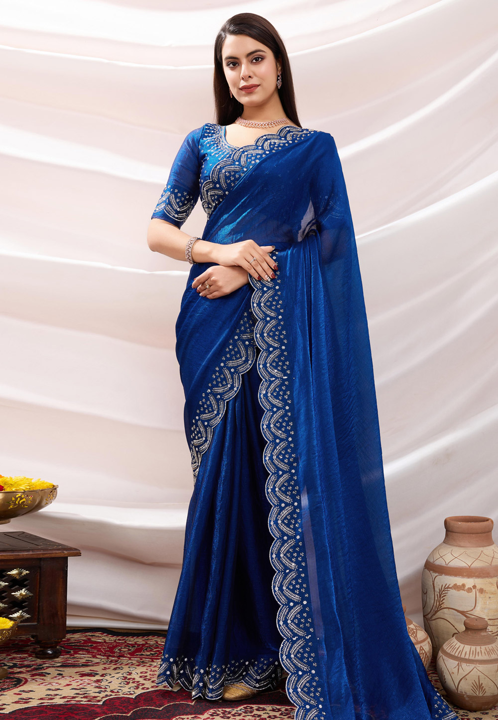 Blue Chiffon Saree With Blouse 305565