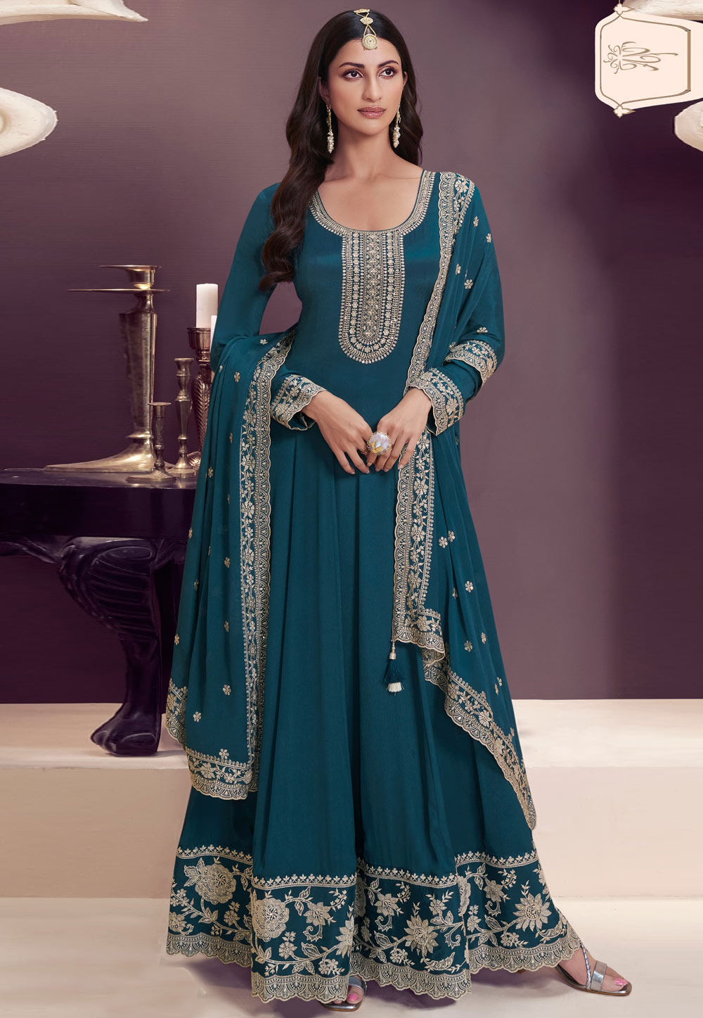 Blue Chinon Anarkali Suit 309728