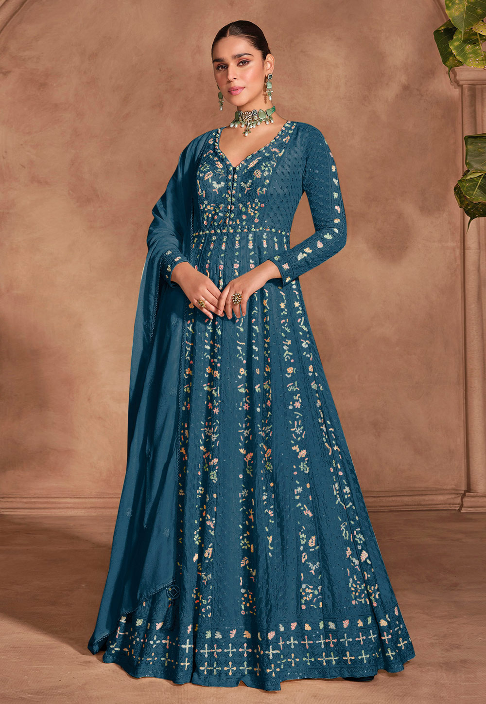 Blue Chinon Embroidered Anarkali Suit 305731