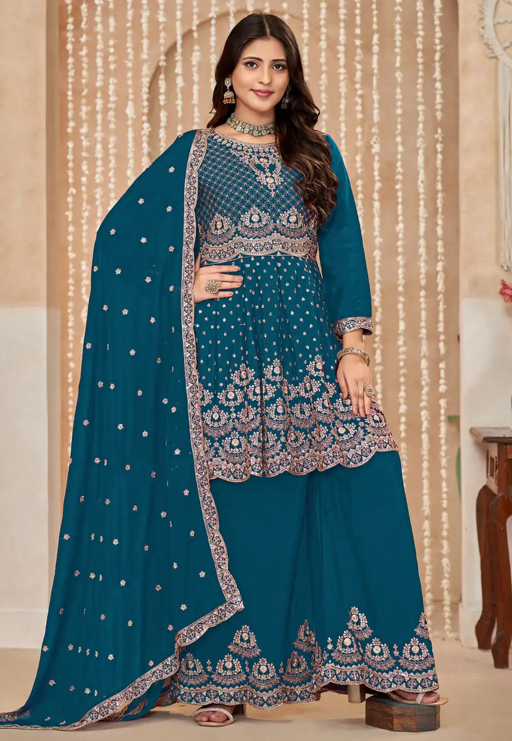 Blue Chinon Embroidered Palazzo Suit 292859