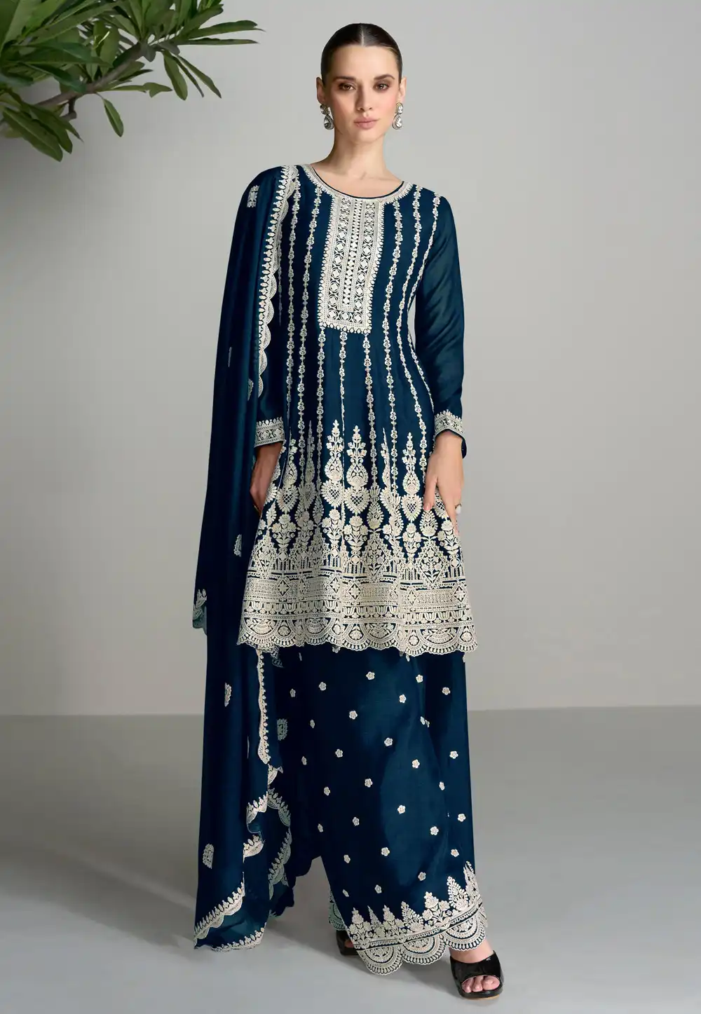 Blue Chinon Embroidered Palazzo Suit 290485