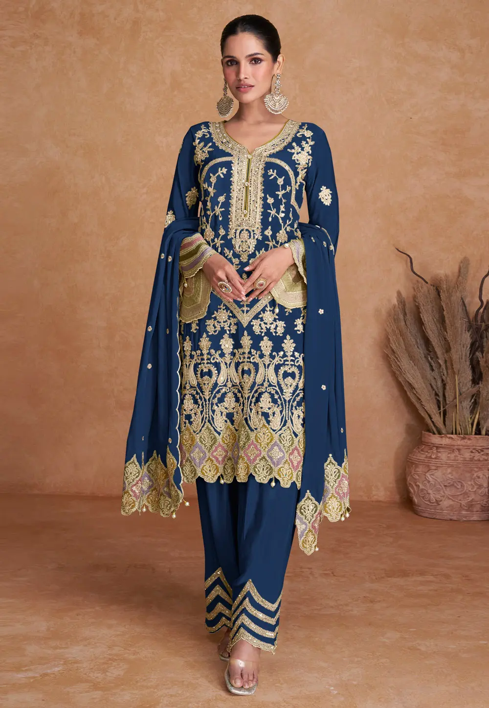 Blue Chinon Embroidered Pant Style Suit 297577