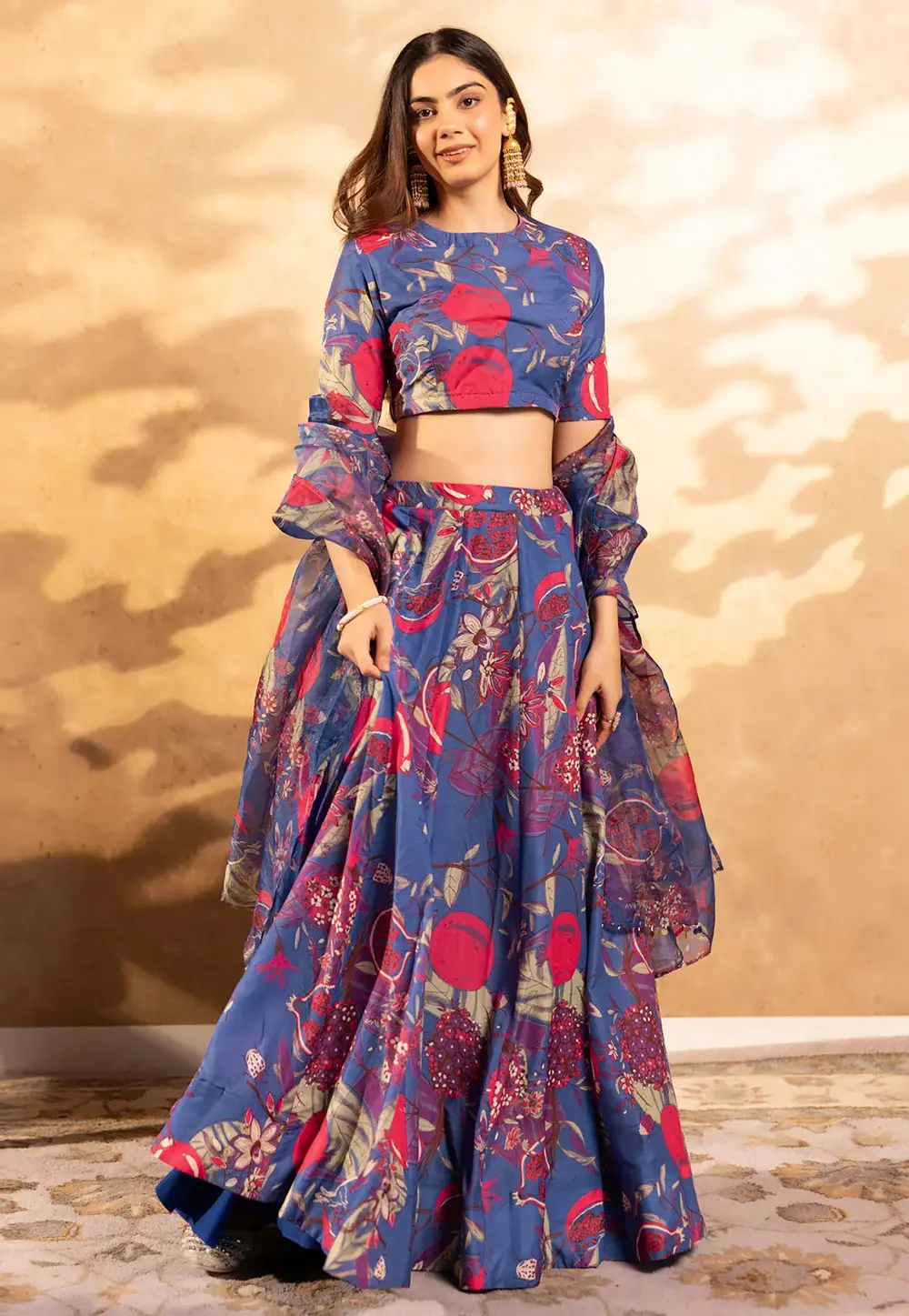 Blue Chinon Floral Lehenga choli 304781