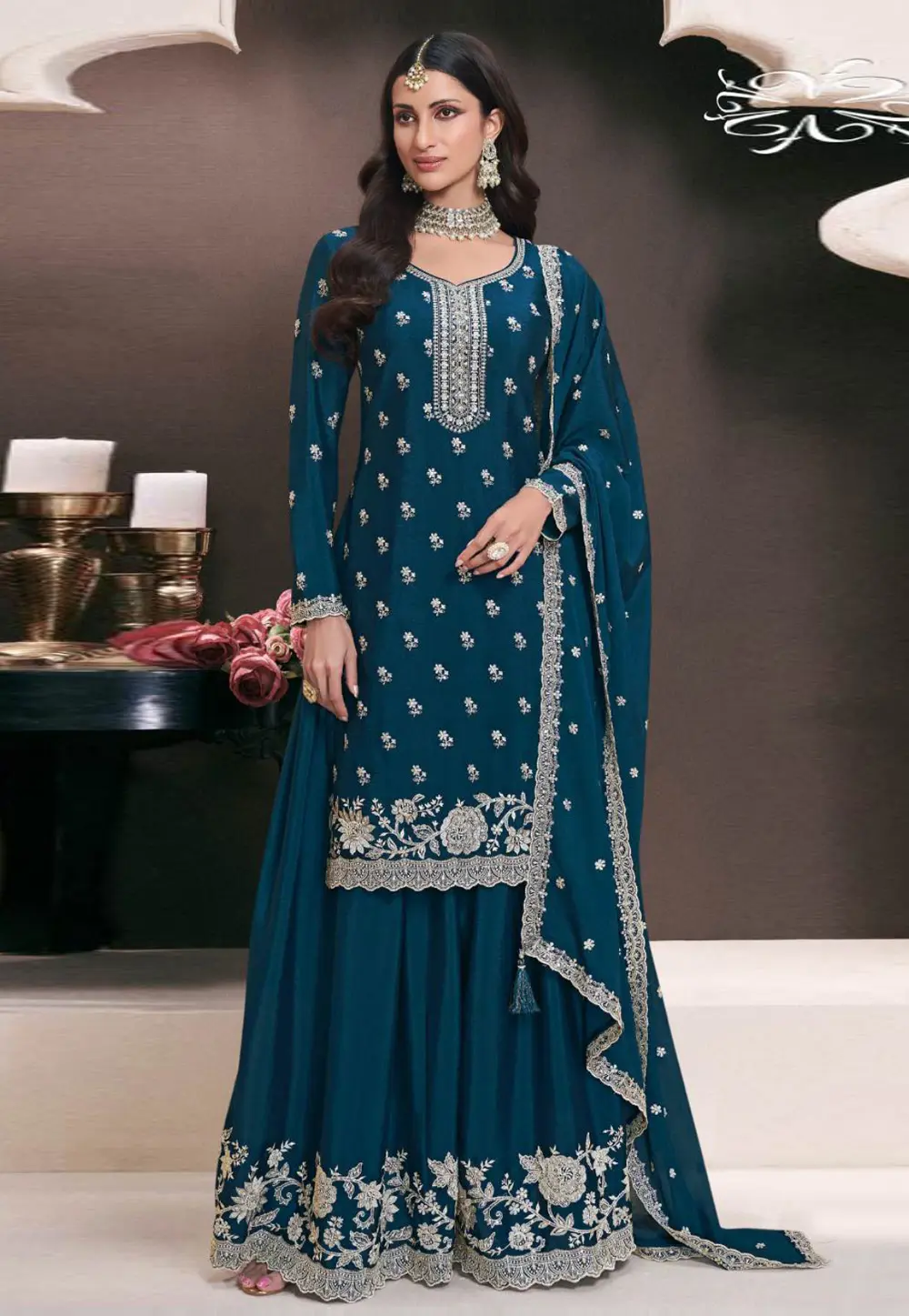 Blue Chinon Palazzo Suit 303679