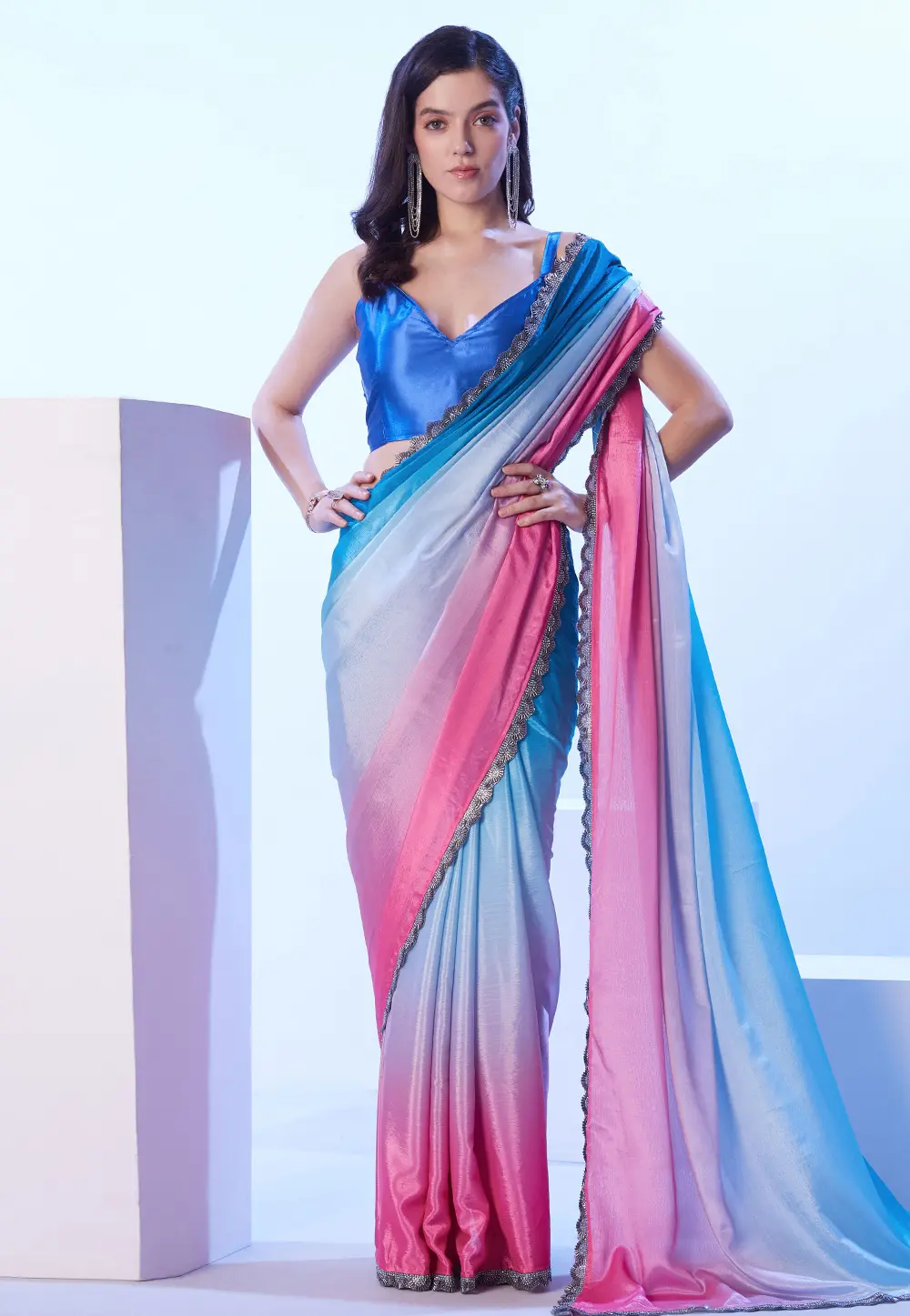 Blue Chinon Half N Half Saree 302805